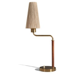 Schwedische Designerin, Tischlampe, Messing, Leder, String, Schweden, 1940er Jahre