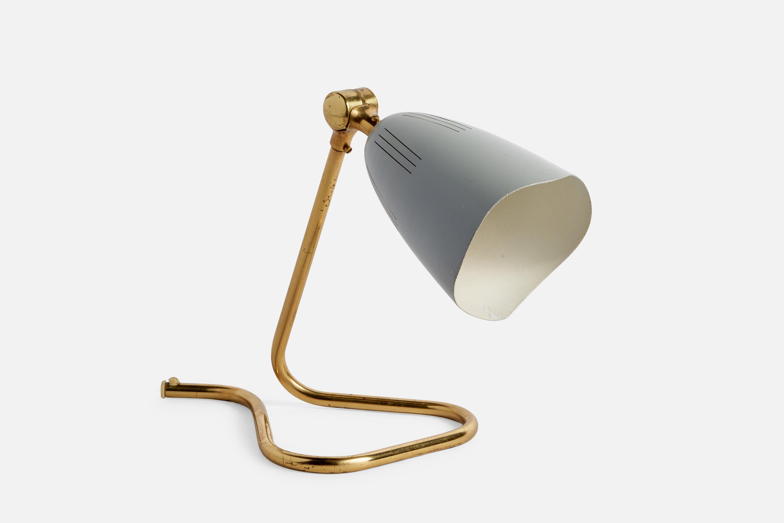 A brass and grey-lacquered metal table lamp designed and produced in Sweden, c. 1950s.

Overall Dimensions (inches): 8.75” H x 6” W x 12” D
Bulb Specifications: E-26 Bulb
Number of Sockets: 1
All lighting will be converted for US usage. We are