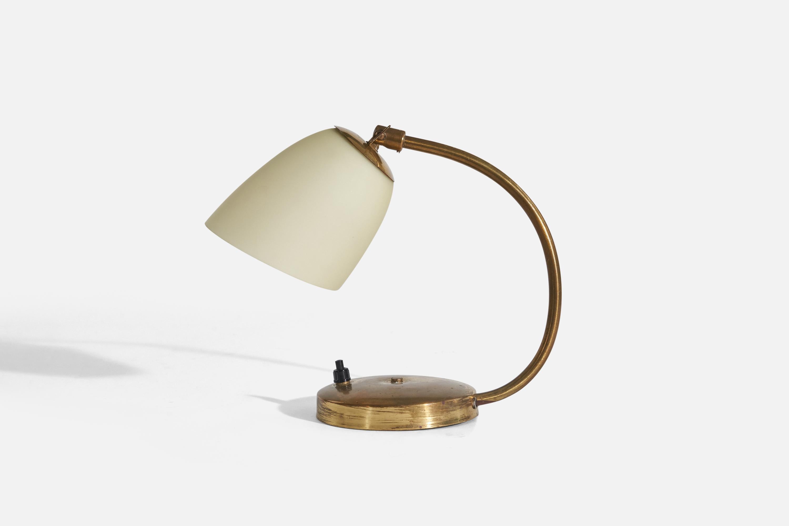 A brass and milk glass table lamp designed and produced in Sweden, 1930s.

Variable dimensions, measured as illustrated in the first image.

Socket takes standard E-26 medium base bulb.
There is no maximum wattage stated on the fixture.