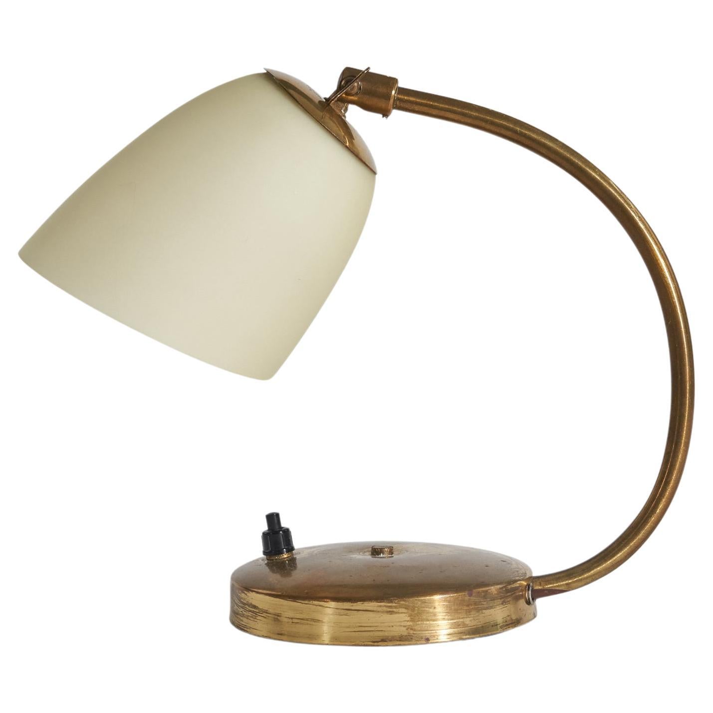 Swedish Designer, Table Lamp, Brass, Milk Glass, Sweden, 1930s For Sale