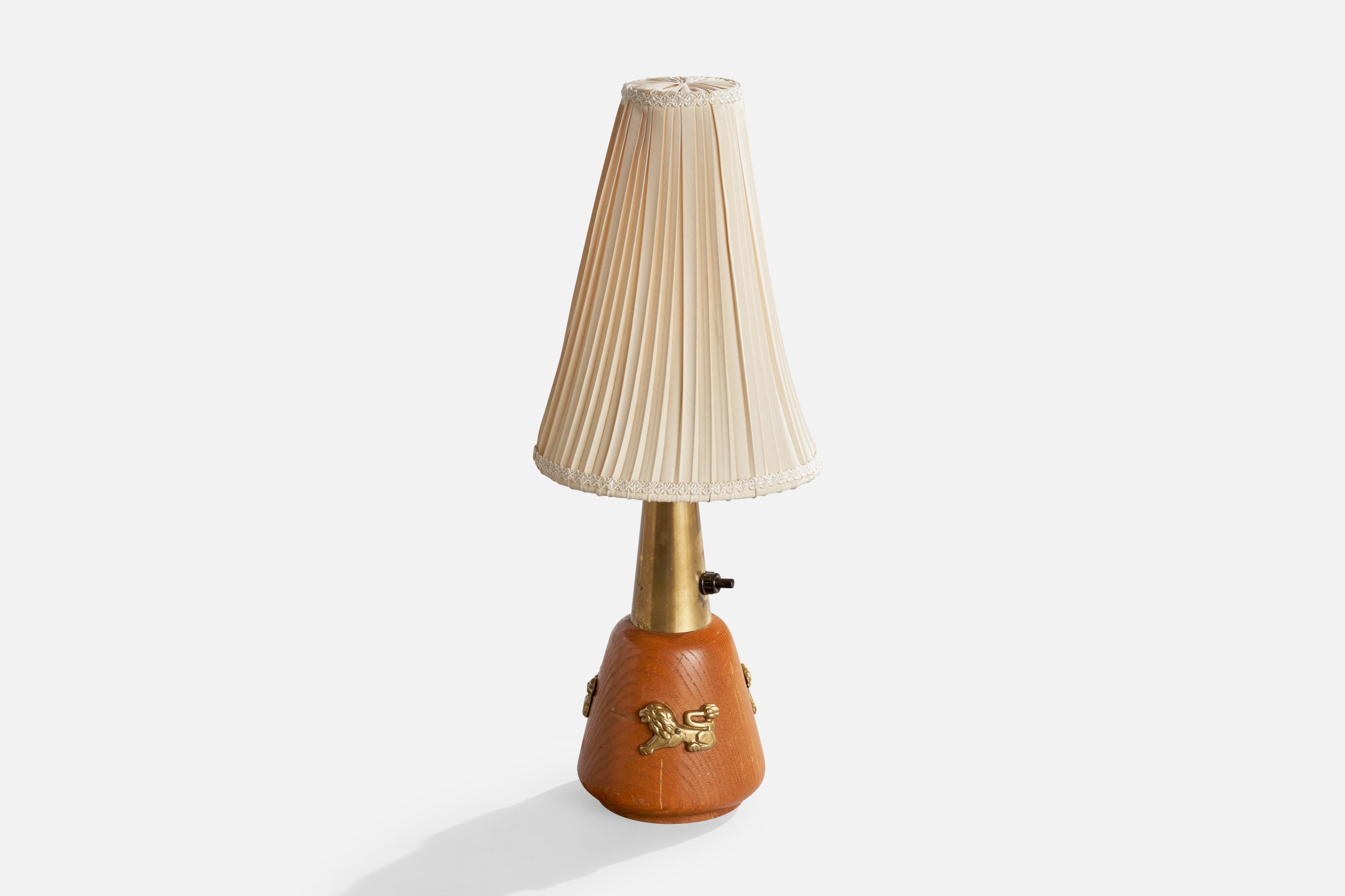 Scandinavian Modern Swedish Designer, Table Lamp, Brass, Oak, Fabric, Sweden, 1940s For Sale