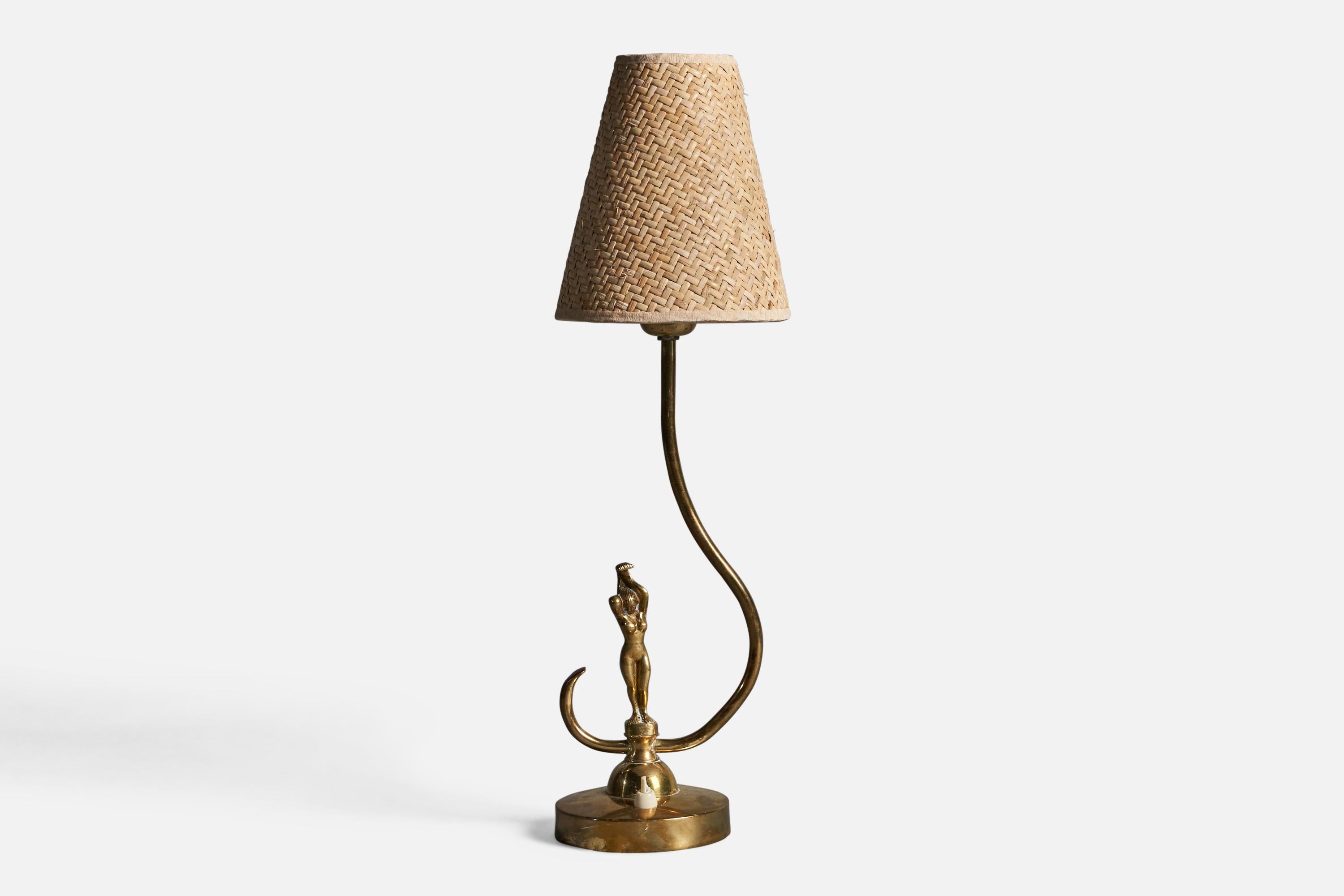 A brass and rattan table lamp, designed and produced in Sweden, 1930s.

Overall Dimensions (inches): 19.75