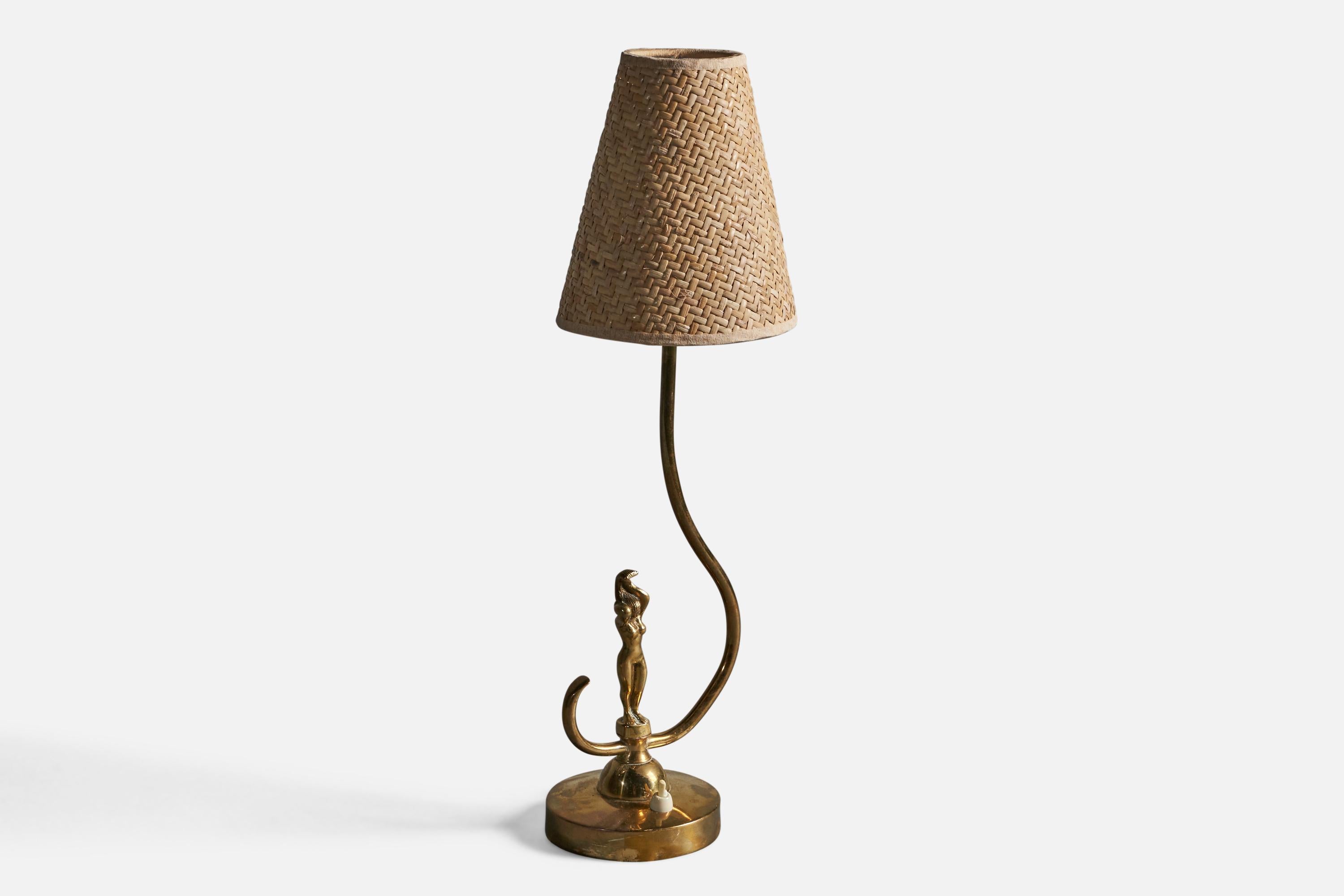 Scandinavian Modern Swedish Designer, Table Lamp, Brass, Rattan, Sweden, 1930s For Sale