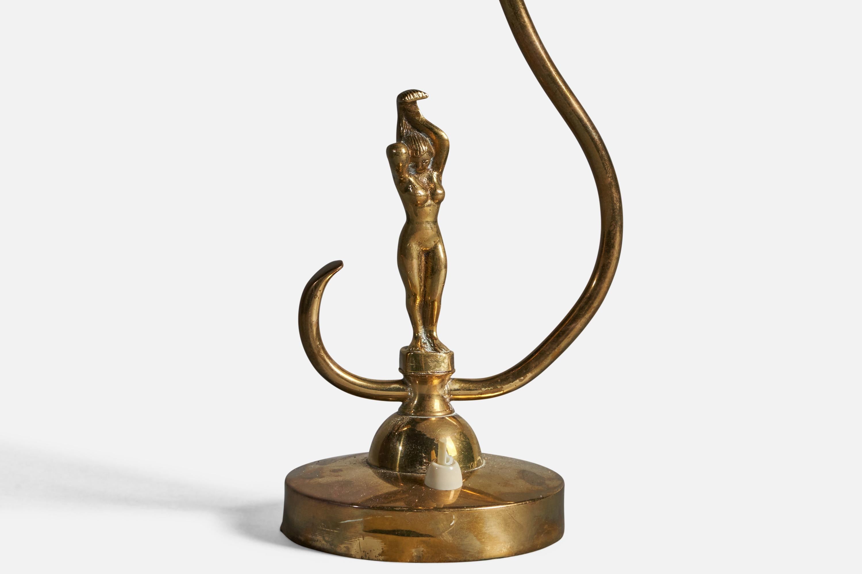 Mid-20th Century Swedish Designer, Table Lamp, Brass, Rattan, Sweden, 1930s For Sale