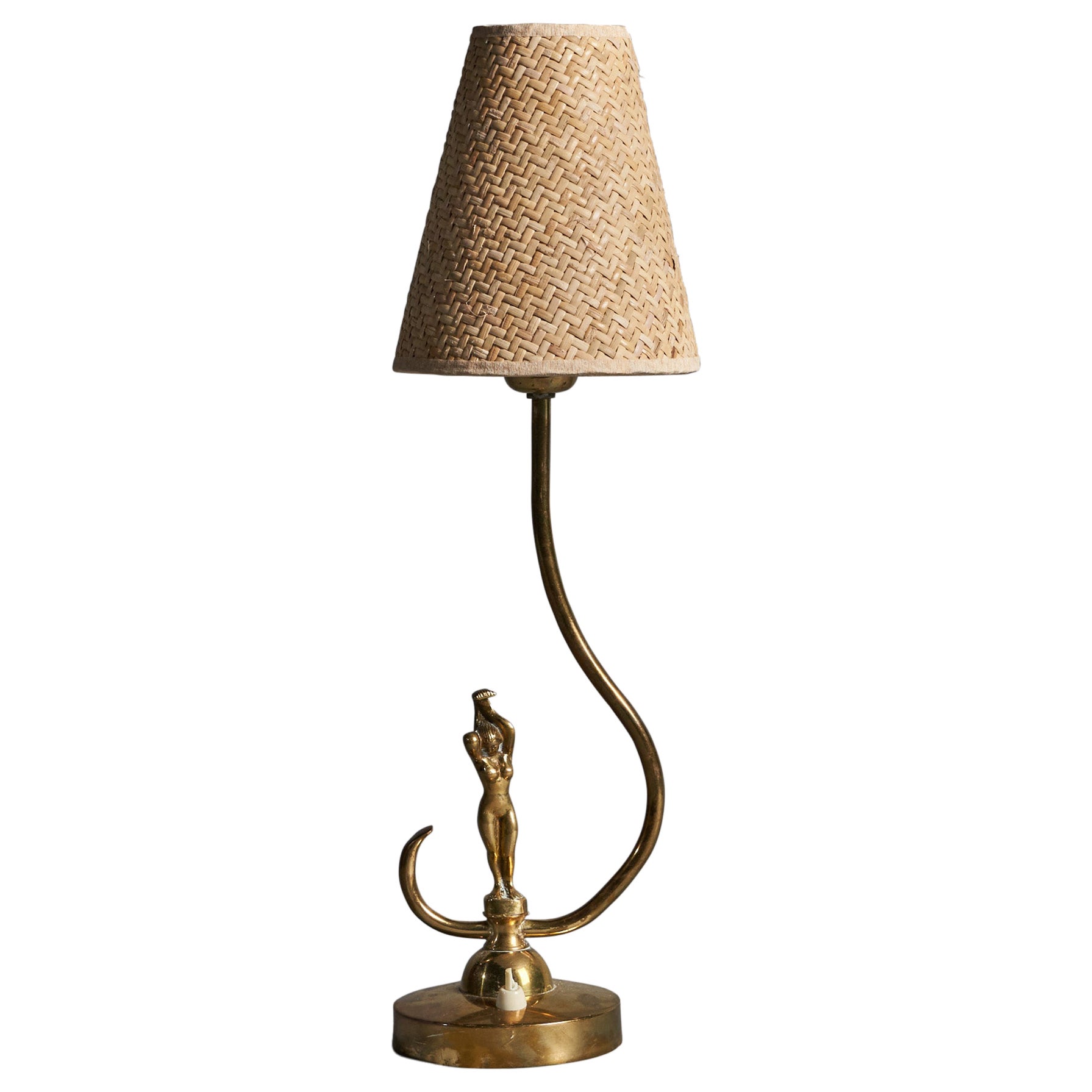 Swedish Designer, Table Lamp, Brass, Rattan, Sweden, 1930s