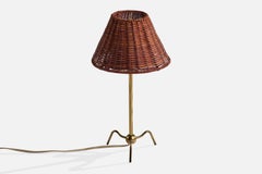 Schwedische Designerin, Tischlampe, Messing, Rattan, Schweden, 1940er Jahre