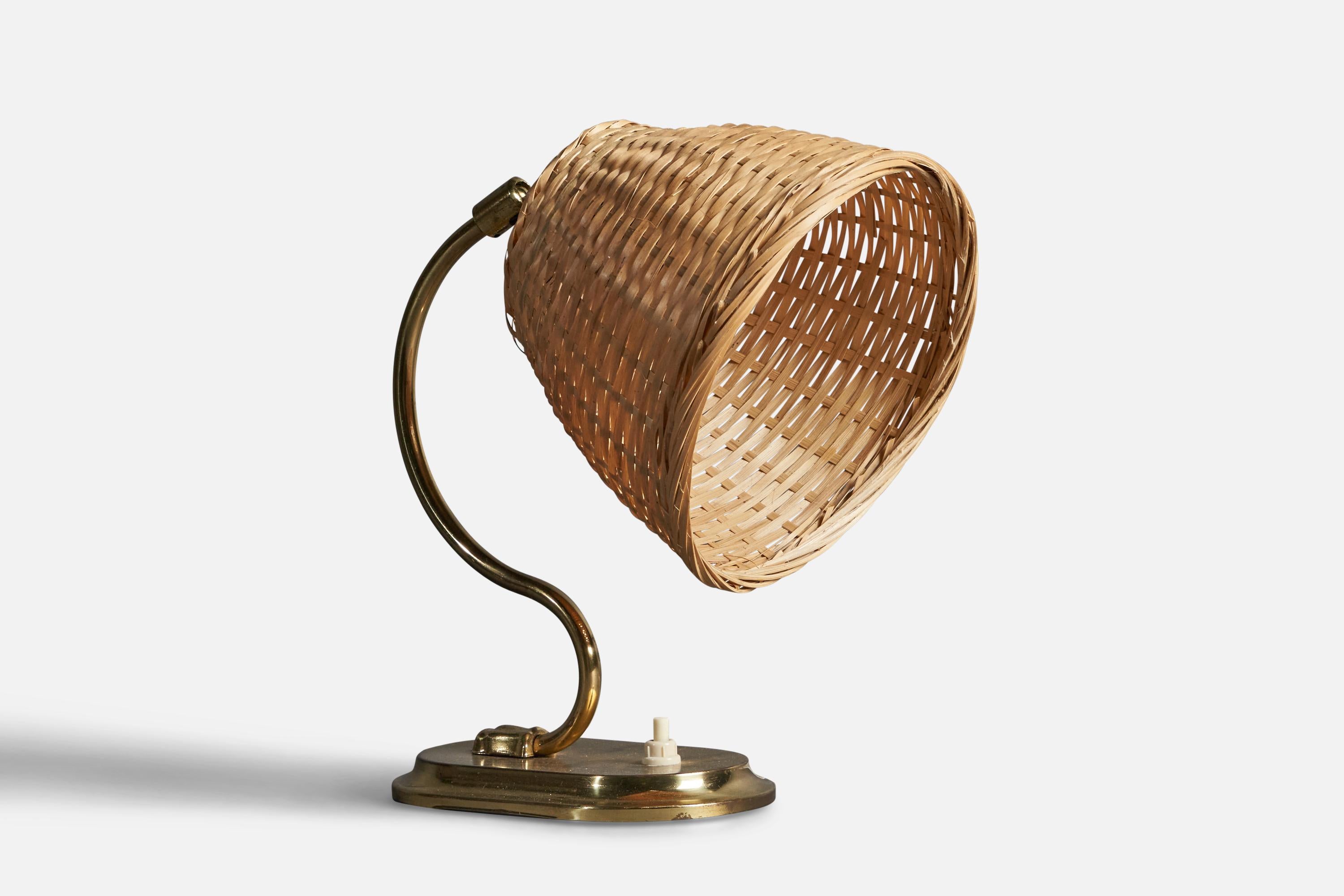 Mid-20th Century Swedish Designer, Table Lamp, Brass, Rattan, Sweden, 1940s For Sale