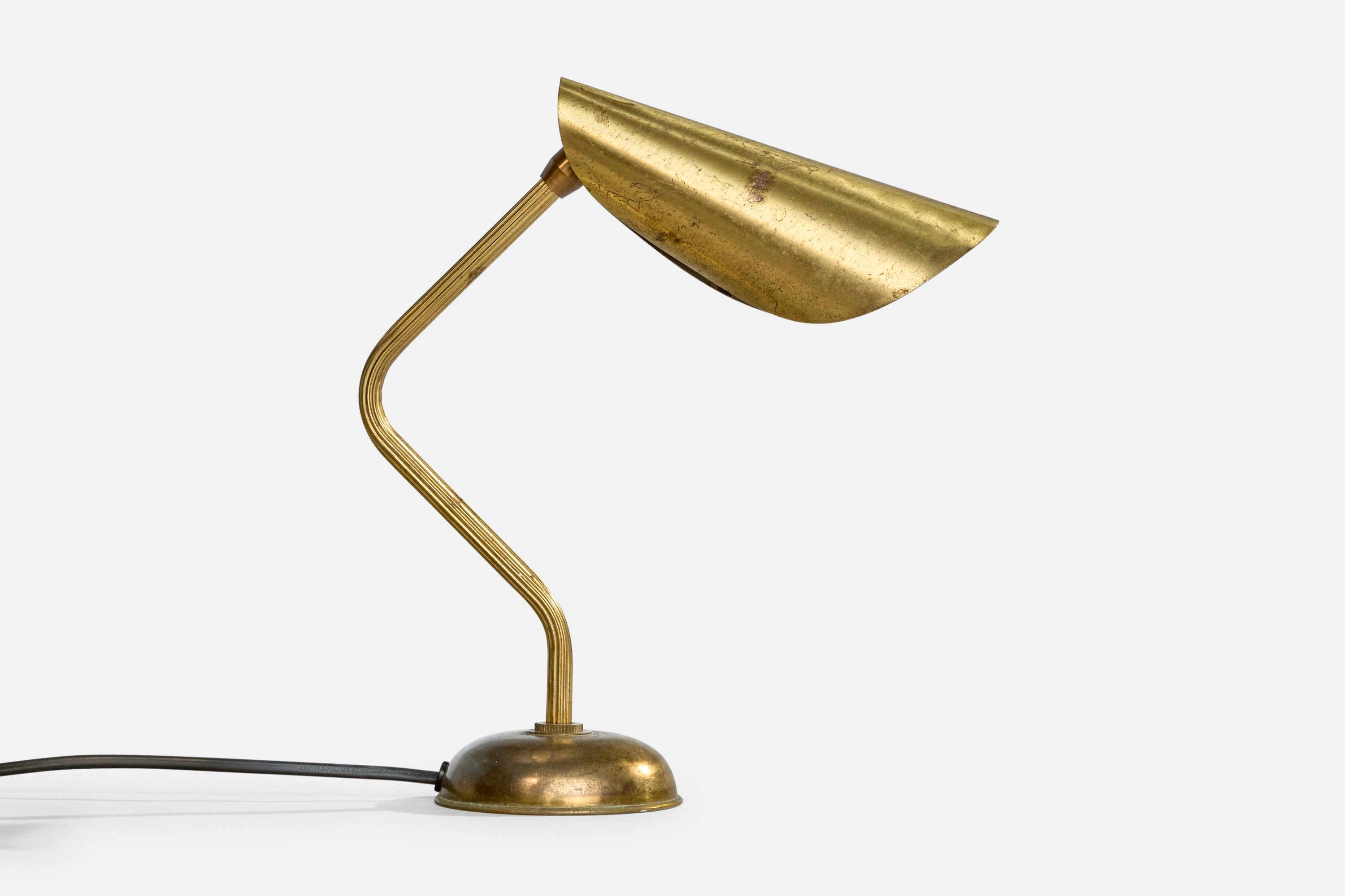 An adjustable brass table lamp designed and produced in Sweden, c. 1940s.

Dimensions of Lamp with Shade (inches): 10.625“ H x 3.65” W x 9.25“ D

Bulb Specifications: E-14

Number of Sockets (per fixture): 1

All lighting will be converted for US