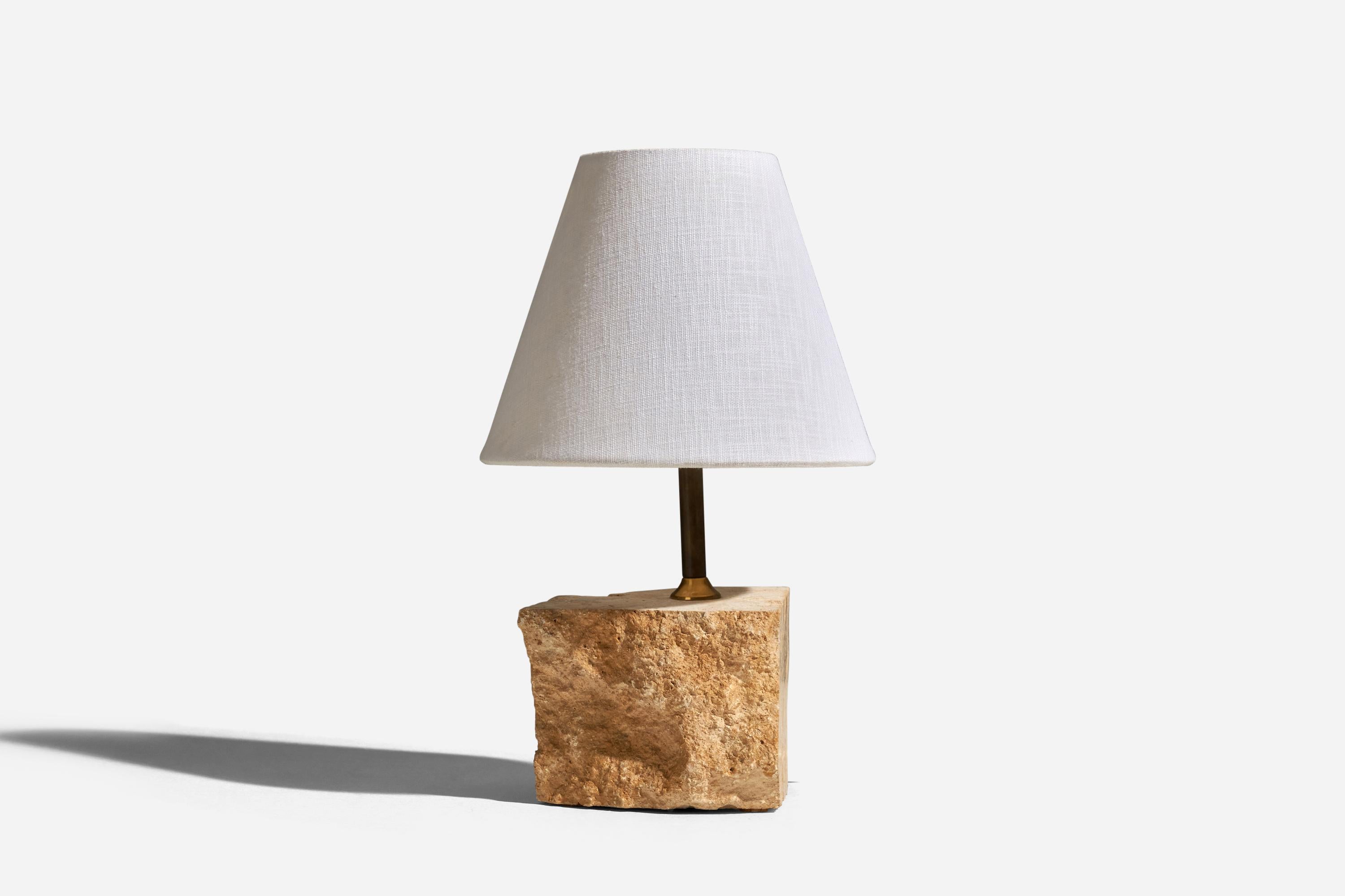 A brass and travertine table lamp designed and produced in Sweden, 1970s.

Sold without Lampshade
Dimensions of Lamp (inches) : 9.62 x 6.81 x 5.06 (Height x Width x Depth)
Dimensions of Lampshade (inches) : 4 x 8 x 6.5 (Top Diameter x Bottom