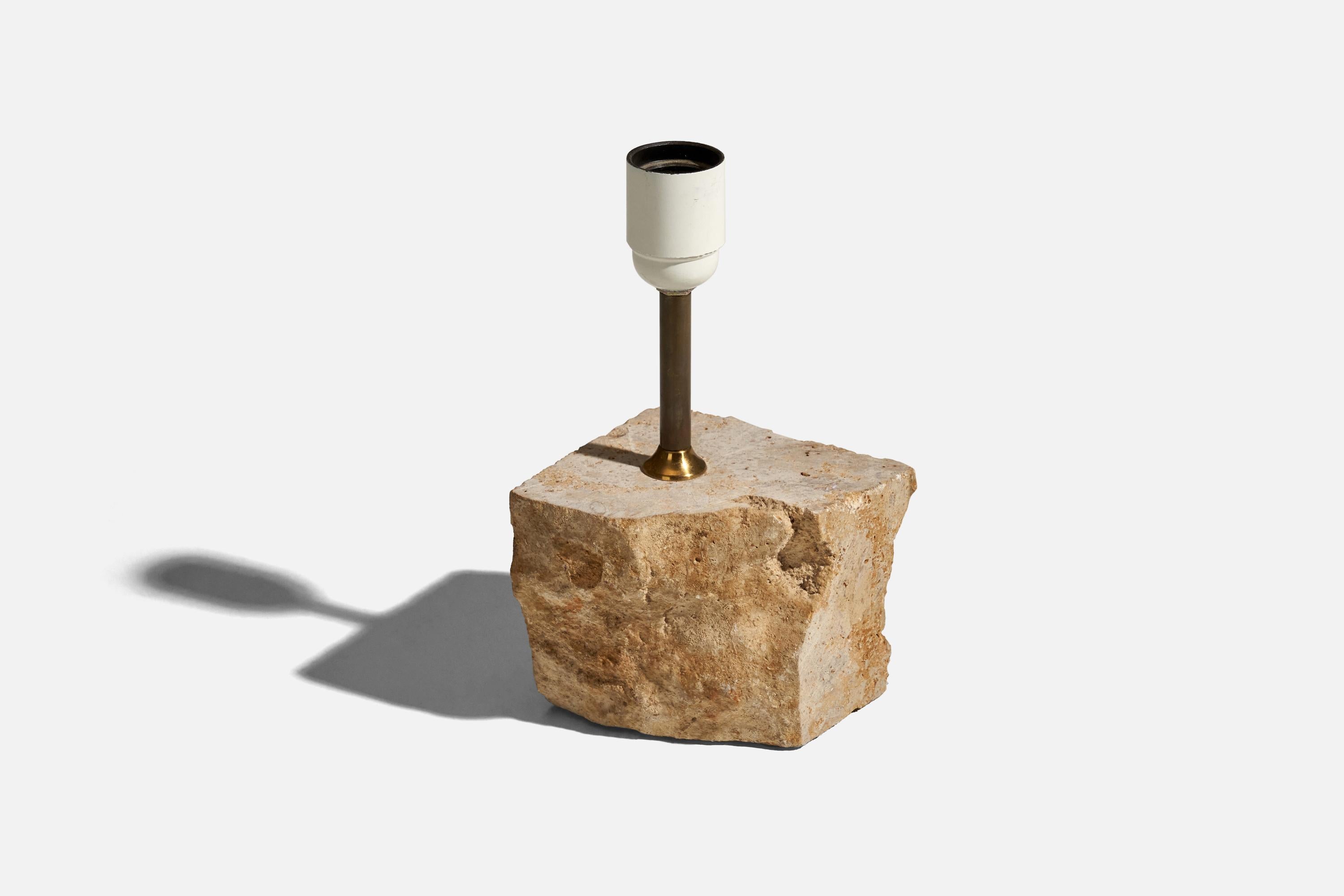 Late 20th Century  Swedish Designer, Table Lamp, Brass, Travertine, Sweden, 1970s