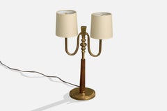 Swedish Designer, Table Lamp, Brass, Wood, Fabric, Sweden, 1940s