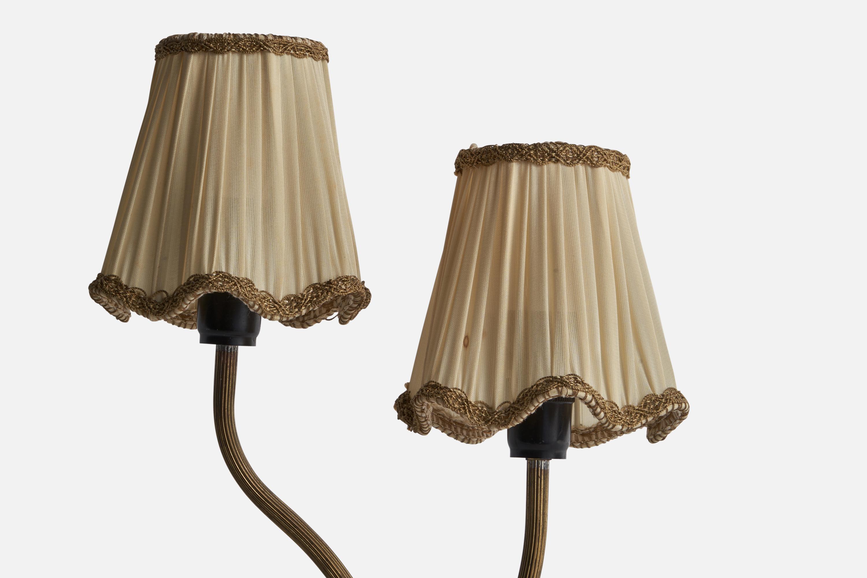 Scandinavian Modern Swedish Designer, Table Lamp, Brass, Wood, Fabric, Sweden 1940s For Sale