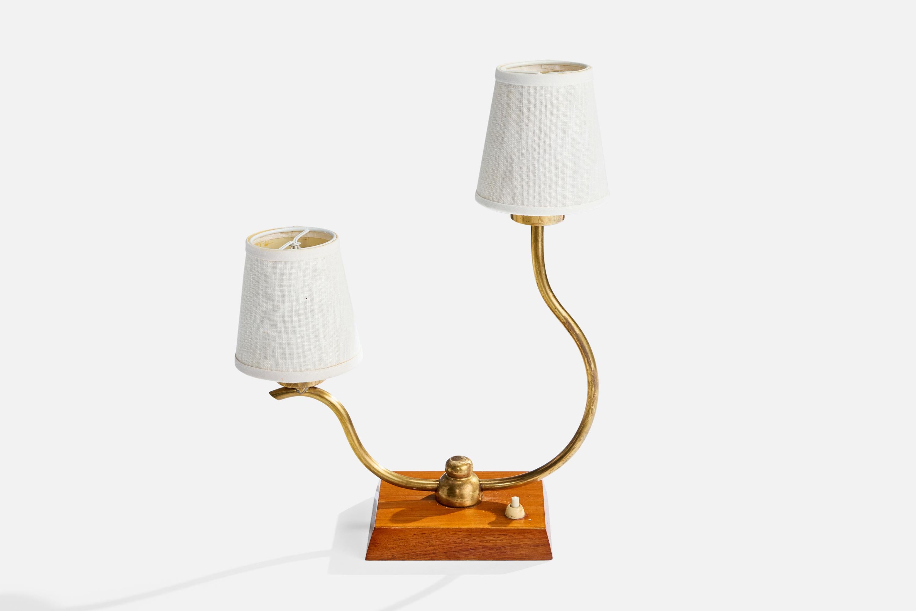Scandinavian Modern Swedish Designer, Table Lamp, Brass, Wood, Fabric, Sweden, 1940s For Sale