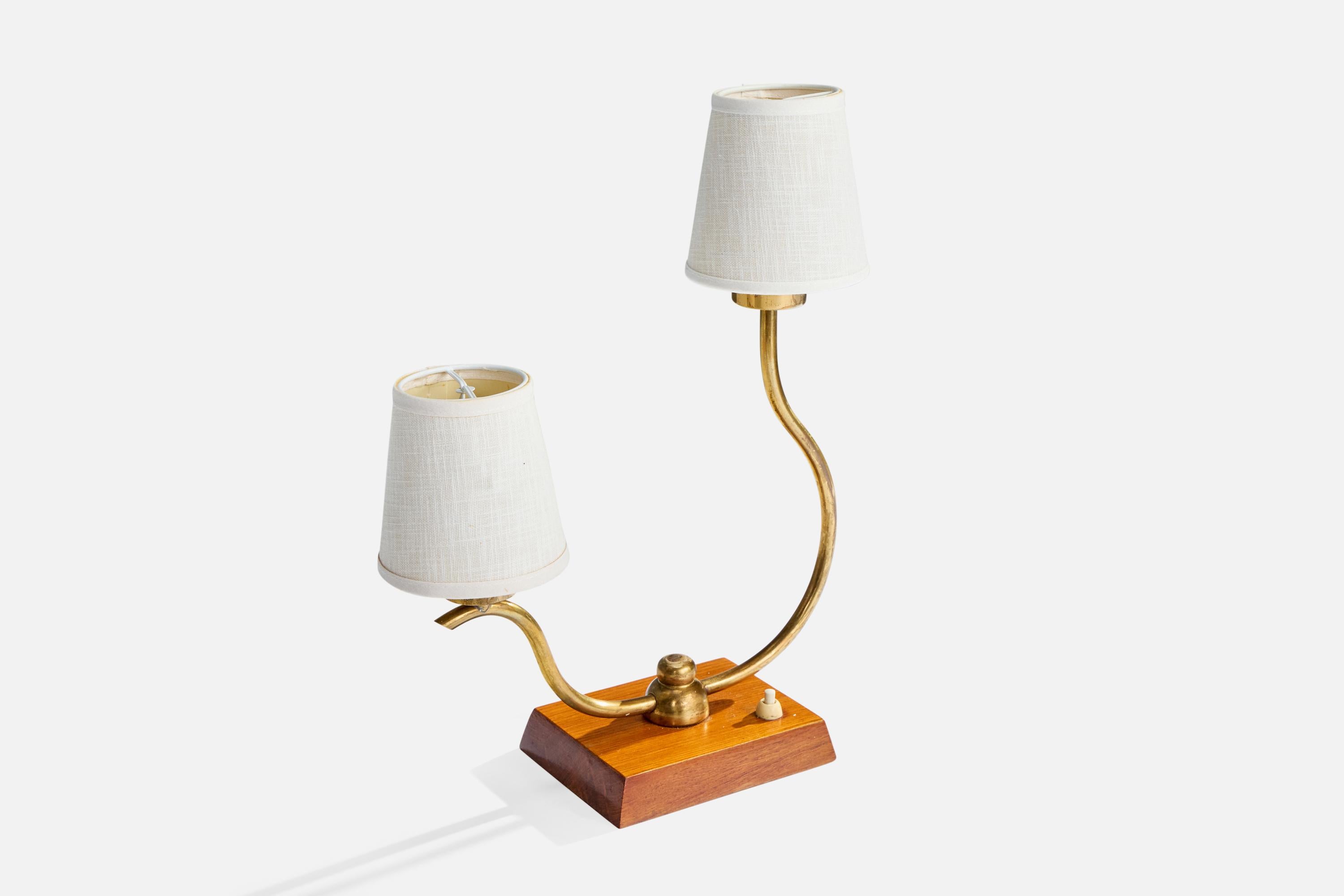 Swedish Designer, Table Lamp, Brass, Wood, Fabric, Sweden, 1940s In Good Condition For Sale In High Point, NC