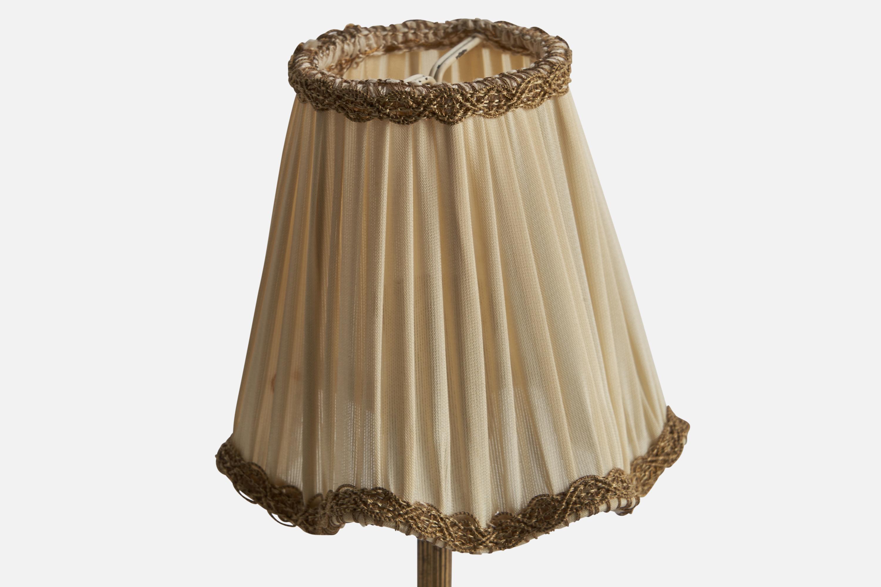 Swedish Designer, Table Lamp, Brass, Wood, Fabric, Sweden 1940s For Sale 1