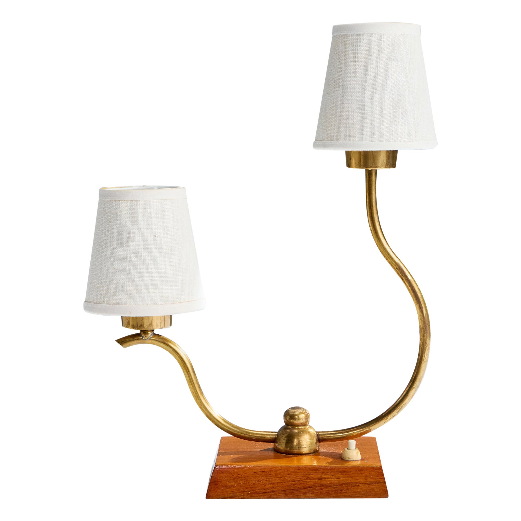 Swedish Designer, Table Lamp, Brass, Wood, Fabric, Sweden, 1940s For Sale