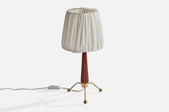 Swedish Designer, Table Lamp, Brass, Wood, Fabric, Sweden, 1950s