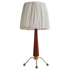 Swedish Designer, Table Lamp, Brass, Wood, Fabric, Sweden, 1950s