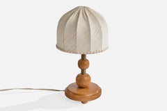 Swedish Designer, Table Lamp, Brass, Wood, Fabric, Sweden, 1960s