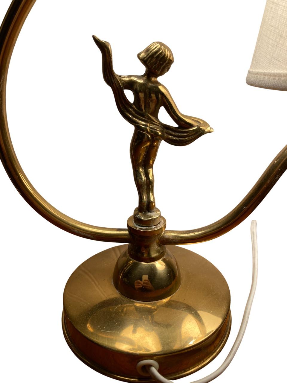 Art Deco Swedish 1930s Double-Arm Brass Table Lamp by Ystad-Metall with Dancing Figurine For Sale