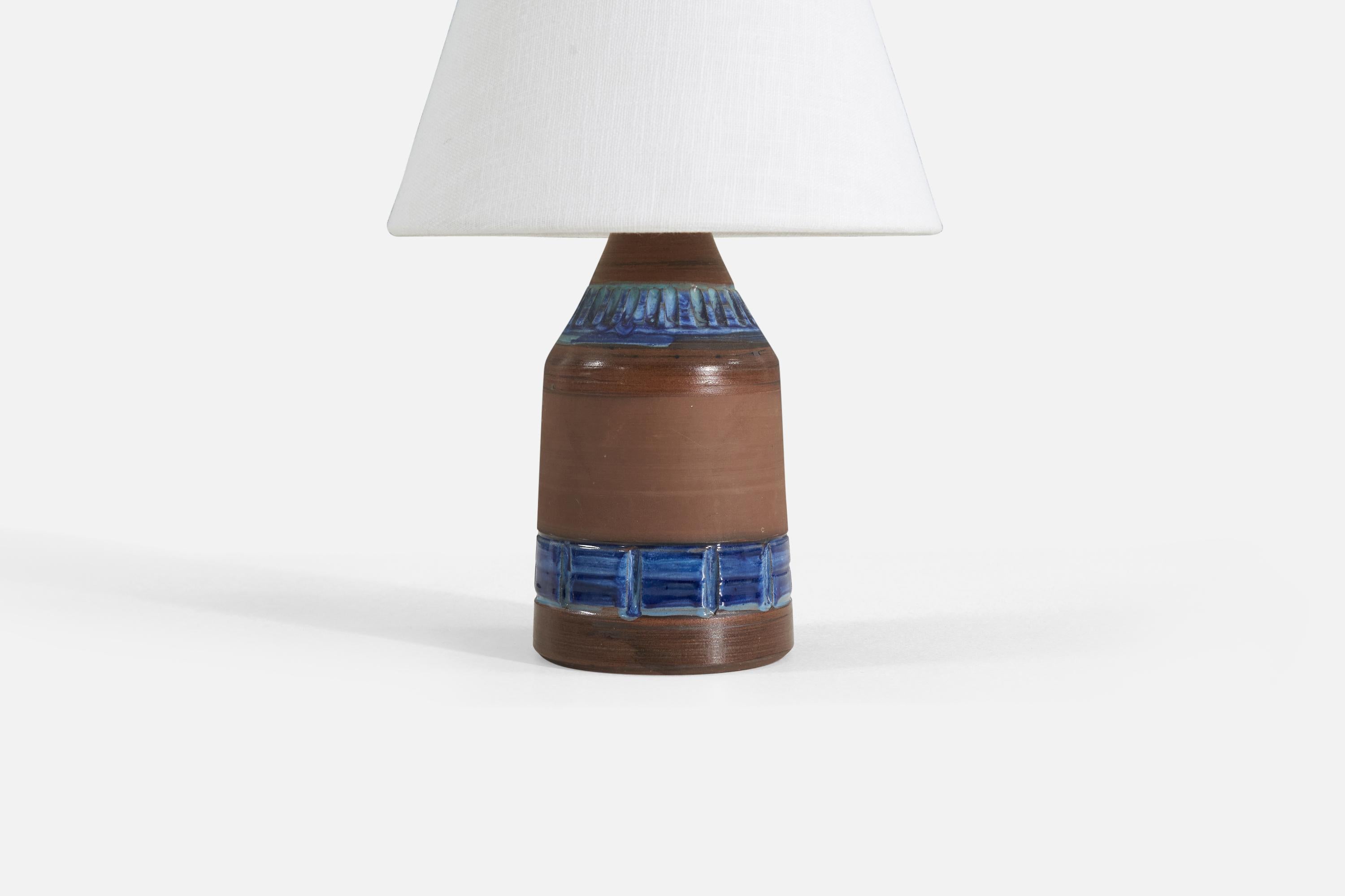 Mid-20th Century Swedish Designer, Table Lamp, Brown and Blue-Glazed Stoneware, Sweden, 1950s