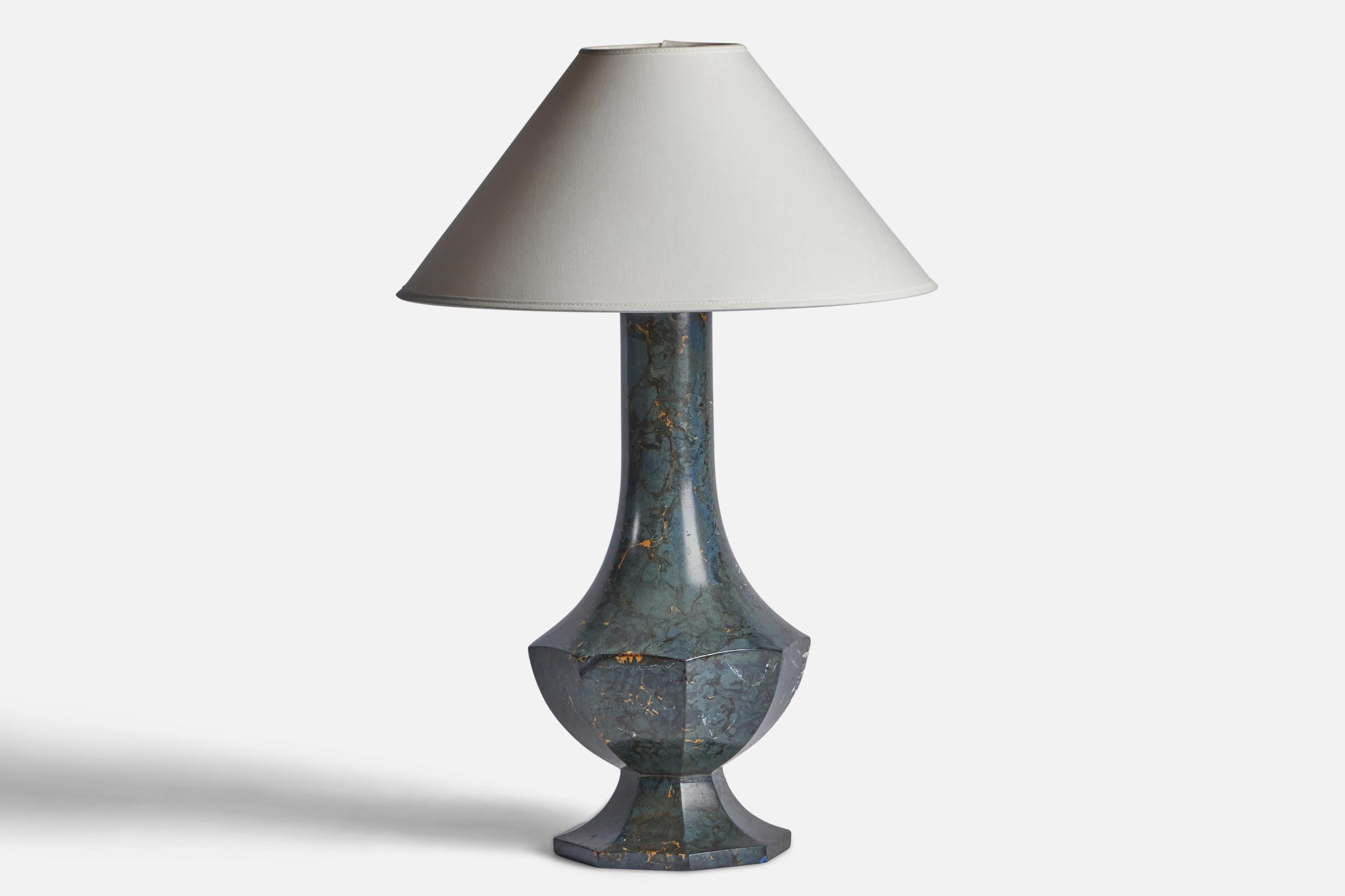 A blue-glazed ceramic table lamp designed and produced in Sweden, c. 1920s.

Dimensions of Lamp (inches): 19” H x 8.45” Diameter
Dimensions of Shade (inches): 4.5” Top Diameter x 16” Bottom Diameter x 7.15” H 
Dimensions of Lamp with Shade (inches):