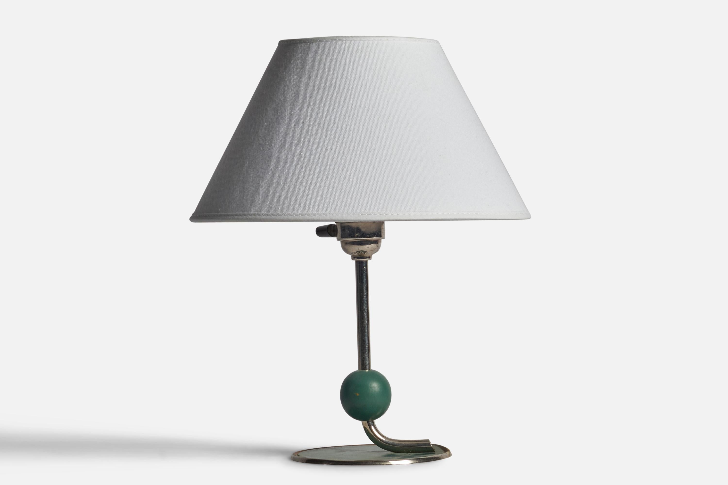 A chrome-plated metal and green-lacquered wood table lamp designed and produced in Sweden, 1930s.

Dimensions of Lamp (inches): 8.5” H x 4.7” Diameter
Dimensions of Shade (inches): 4.5” Top Diameter x 10” Bottom Diameter x 5.25” H 
Dimensions of