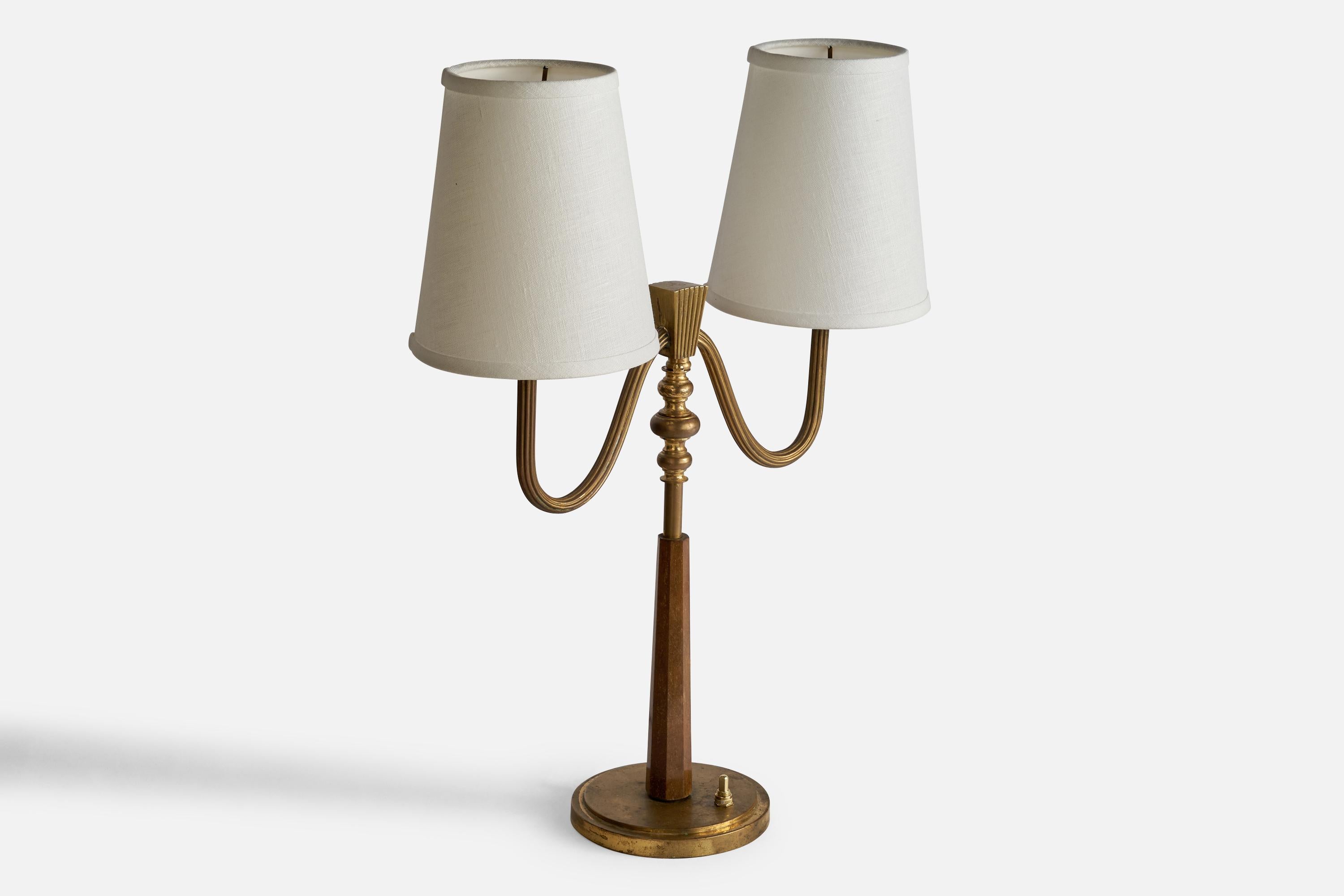 Scandinavian Modern Böhlmarks, Table Lamp, Elm, Brass, Fabric, Sweden, 1930s For Sale