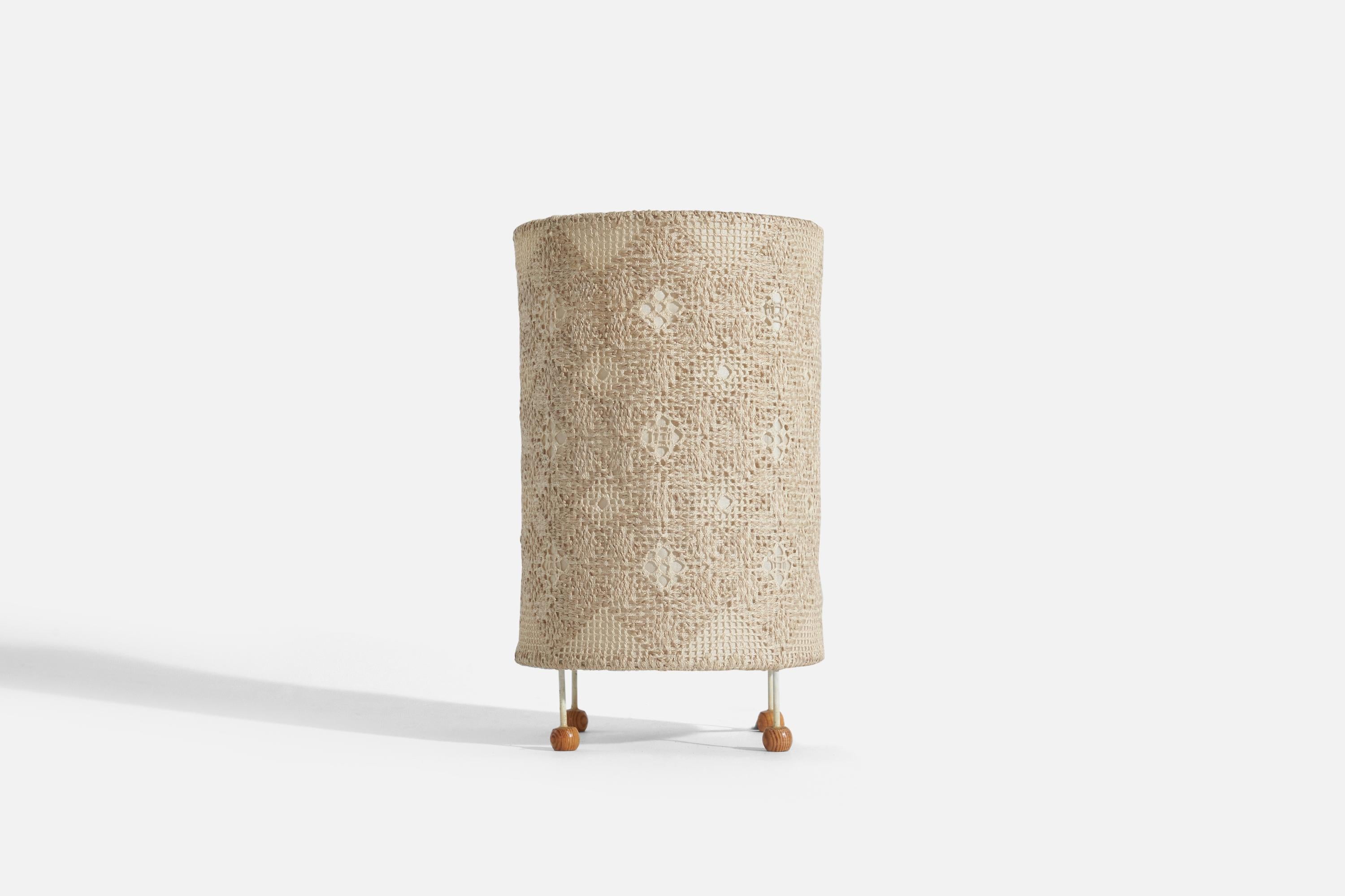 Mid-Century Modern Swedish Designer, Table Lamp, Embroidered Fabric, Metal, Pine, Sweden, 1950s For Sale