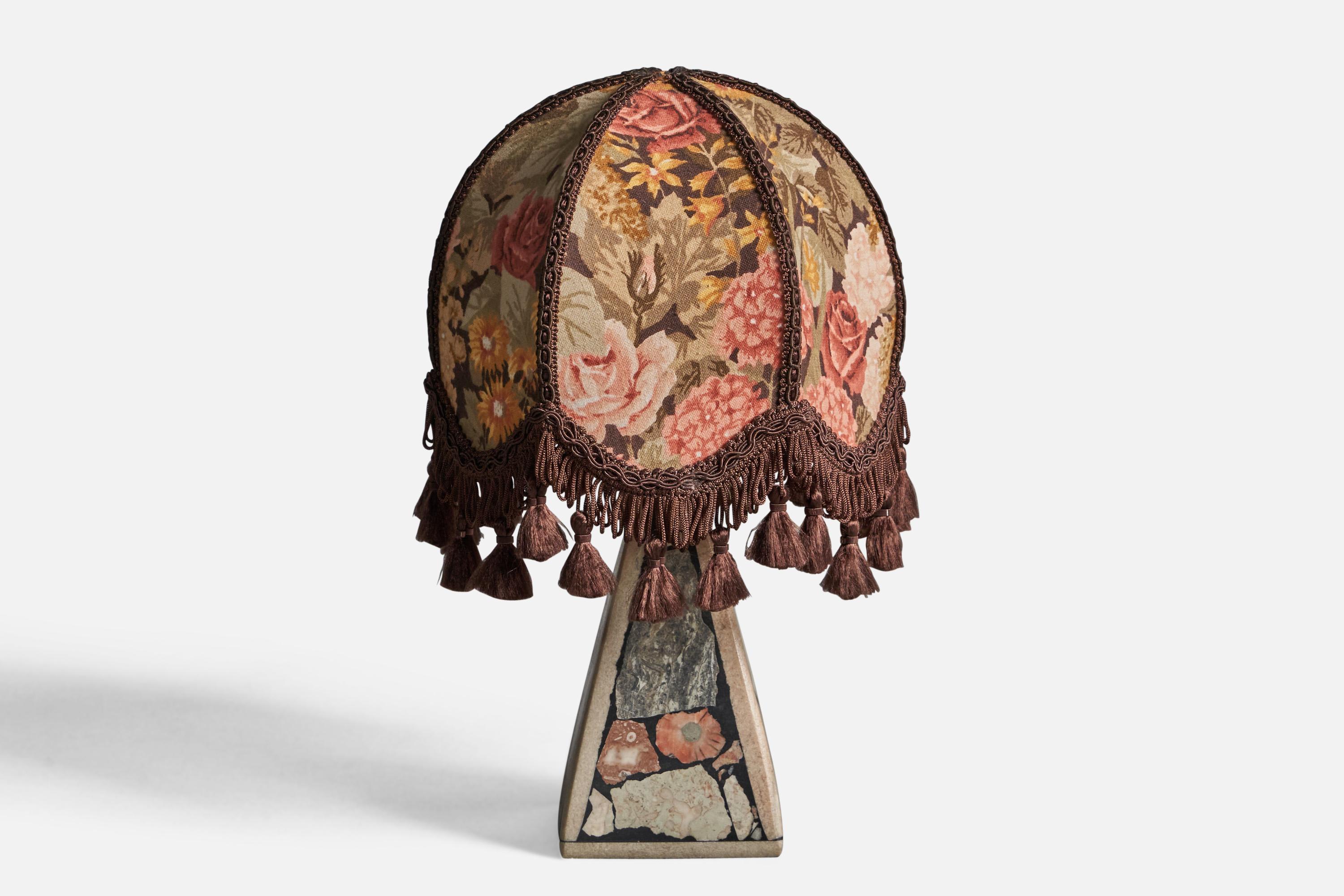 A fossil stone and floral-printed fabric table lamp, designed and produced in Sweden, c. 1970s.

Overall Dimensions (inches): 10