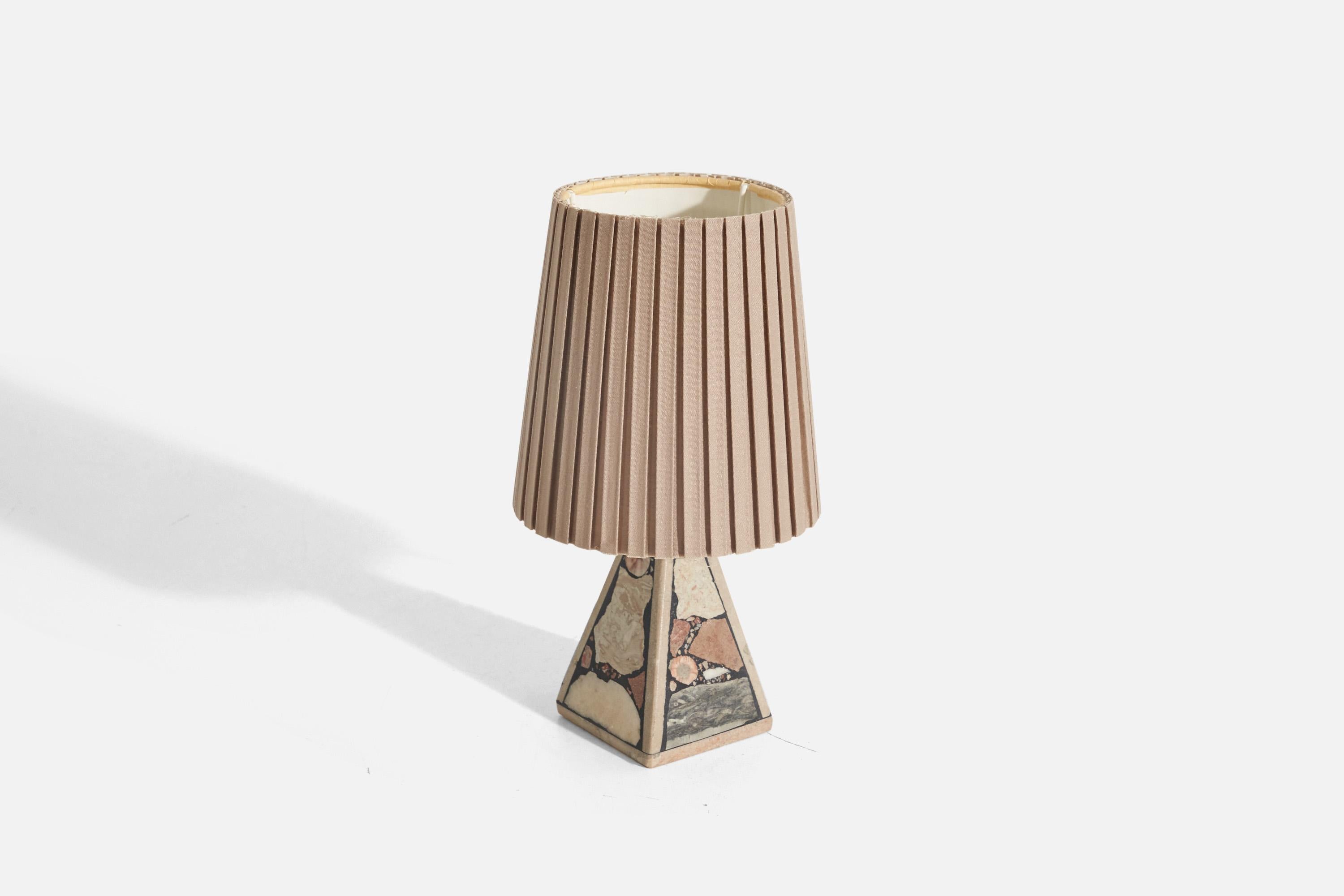 Modern Swedish Designer, Table Lamp, Fossil Stone, Fabric, Sweden, 1970s For Sale
