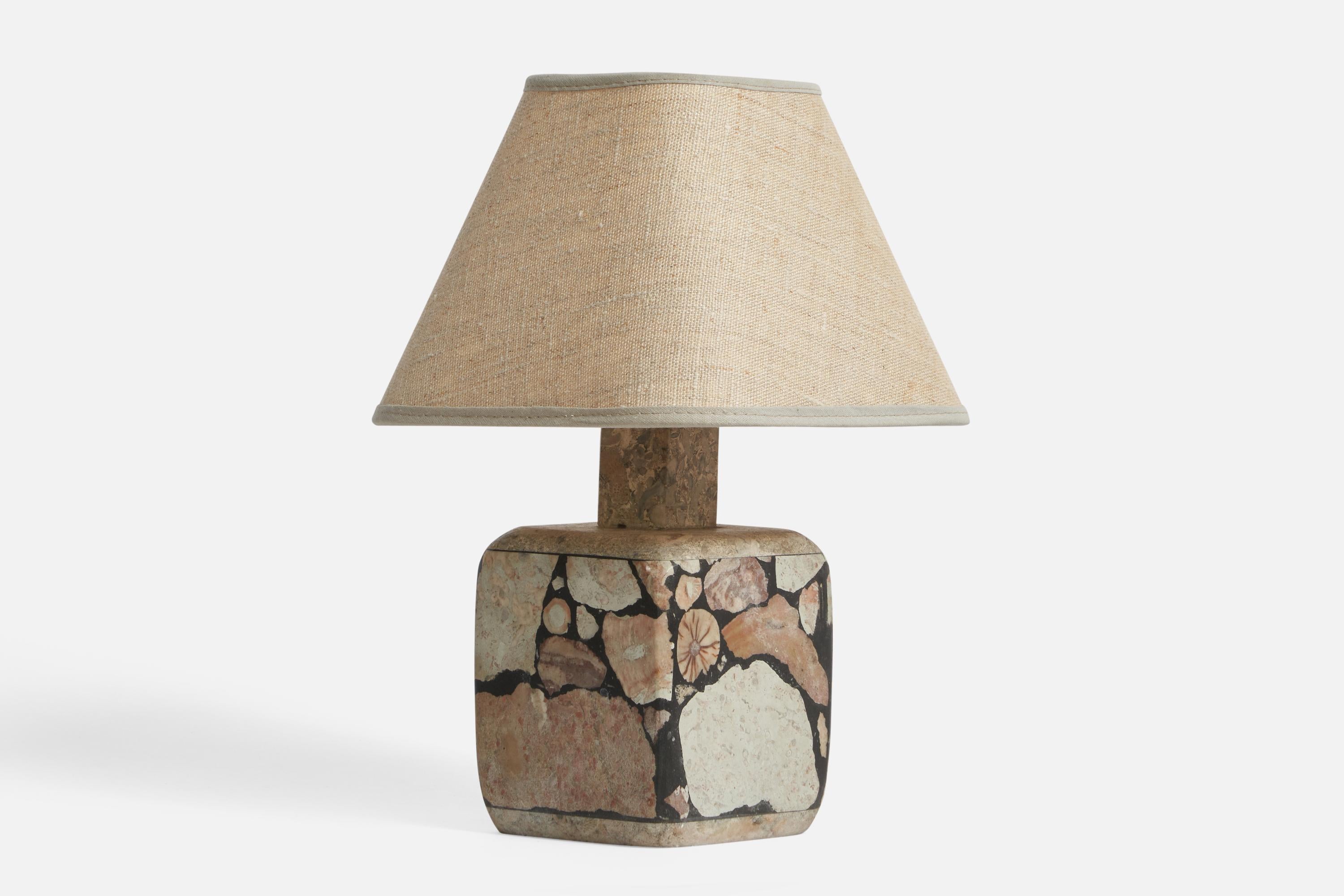 Swedish Designer, Table Lamp, Fossil Stone, Fabric, Sweden, 1970s In Good Condition In High Point, NC