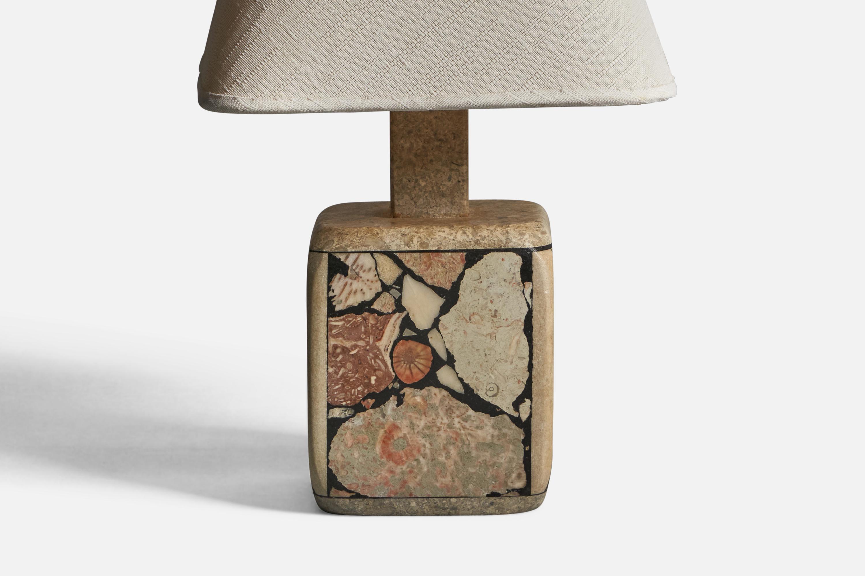 Swedish Designer, Table Lamp, Fossil Stone, Fabric, Sweden 1970s In Good Condition For Sale In High Point, NC