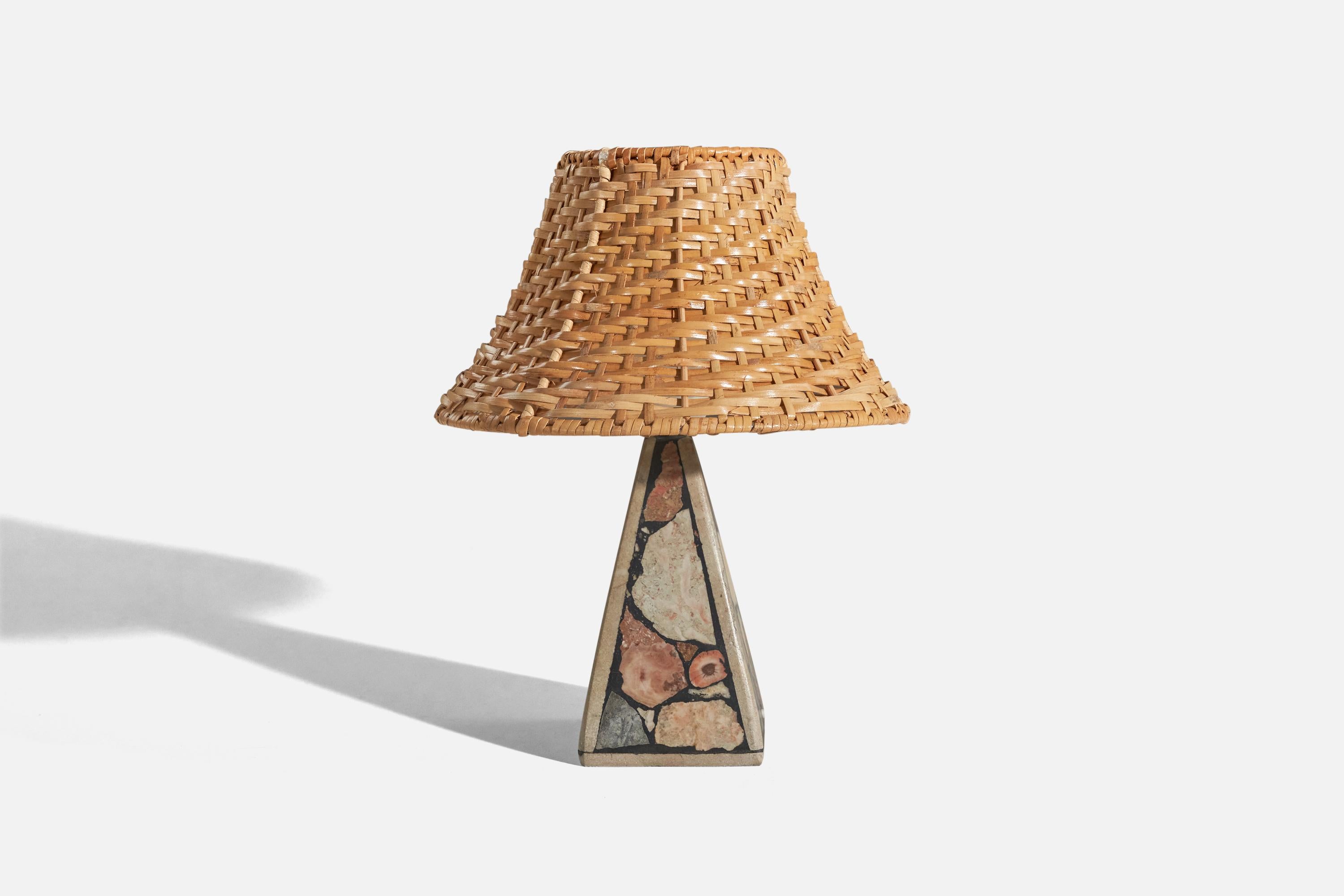 A solid stone table lamp with fossil pieces, Pietra Dura technique, designed and produced in Sweden, c. 1970s.

Sold with lampshade. 
Dimensions of lamp (inches) : 8 x 3.43 x 3.39 (height x width x depth)
Dimensions of shade (inches) : 3.87 x