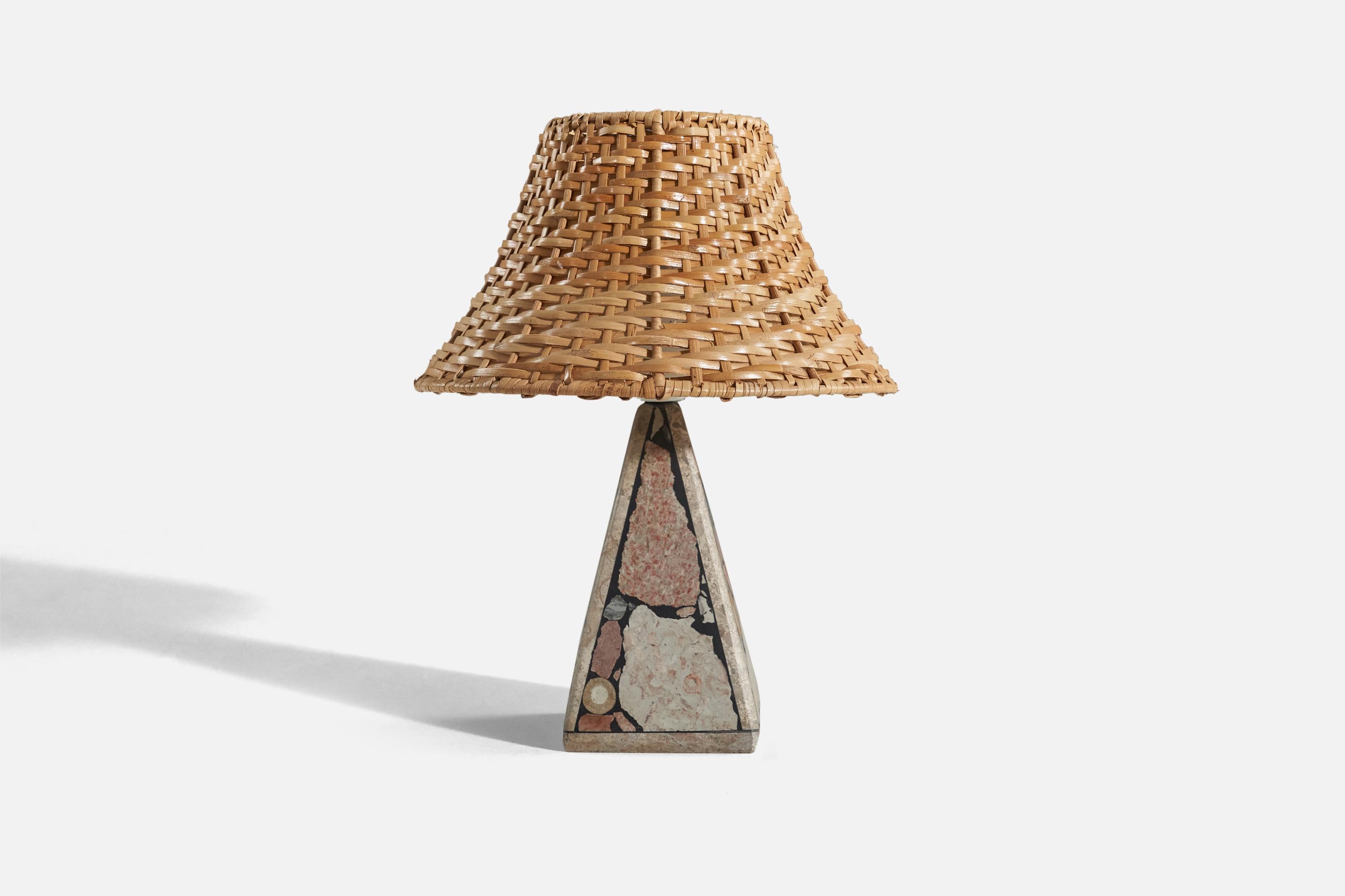 Late 20th Century Swedish Designer, Table Lamp, Fossil Stone, Rattan, Sweden, 1970s For Sale