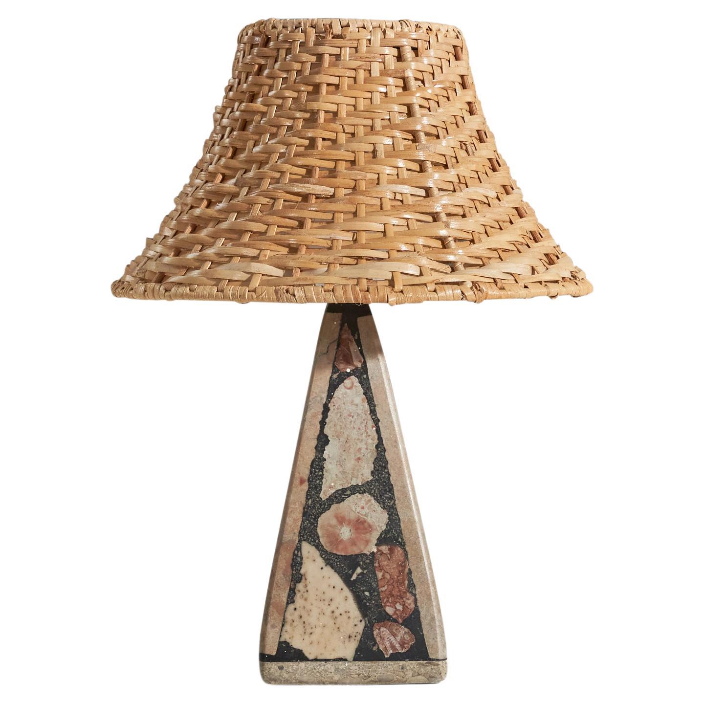 Swedish Designer, Table Lamp, Fossil Stone, Rattan, Sweden, 1970s For Sale