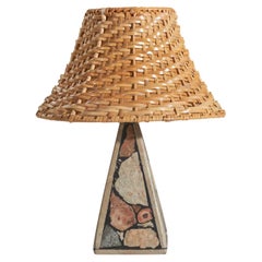 Vintage Swedish Designer, Table Lamp, Fossil Stone, Rattan, Sweden, 1970s