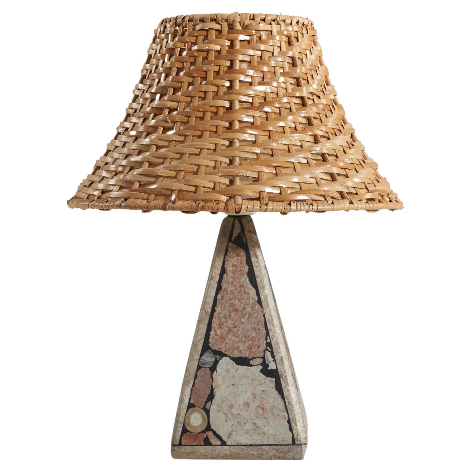 Swedish Designer, Table Lamp, Fossil Stone, Rattan, Sweden, 1970s For Sale