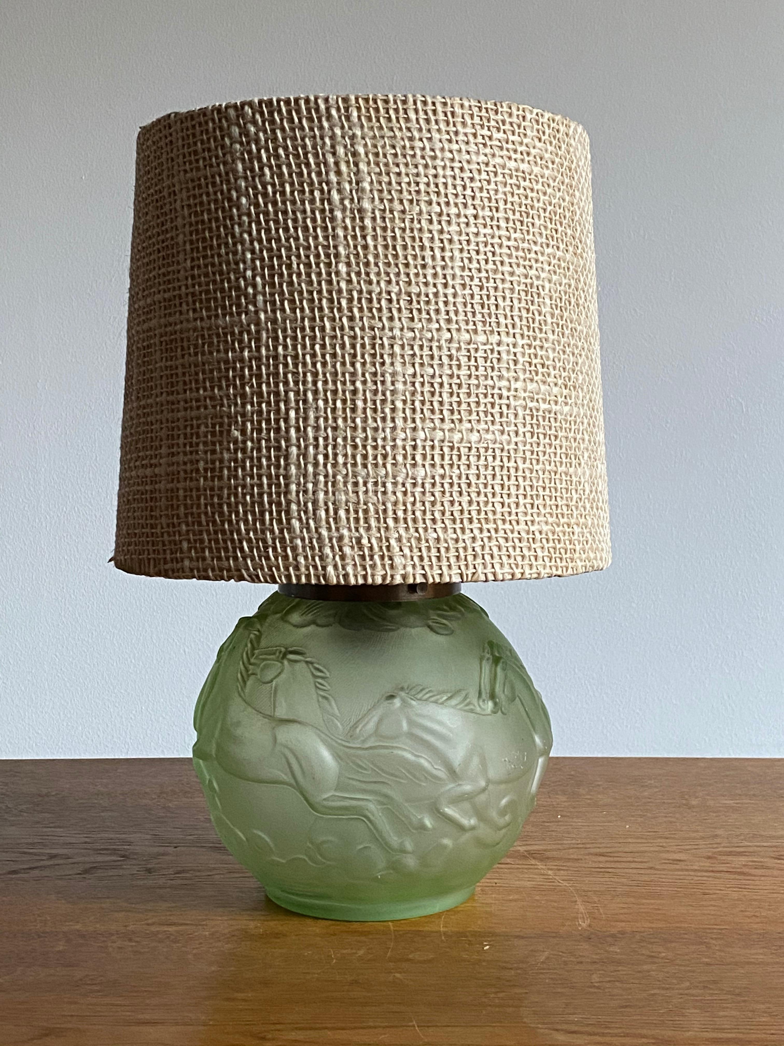 Swedish Designer, Table Lamp, Green Glass, Brass, Sweden, 1930s In Good Condition In High Point, NC