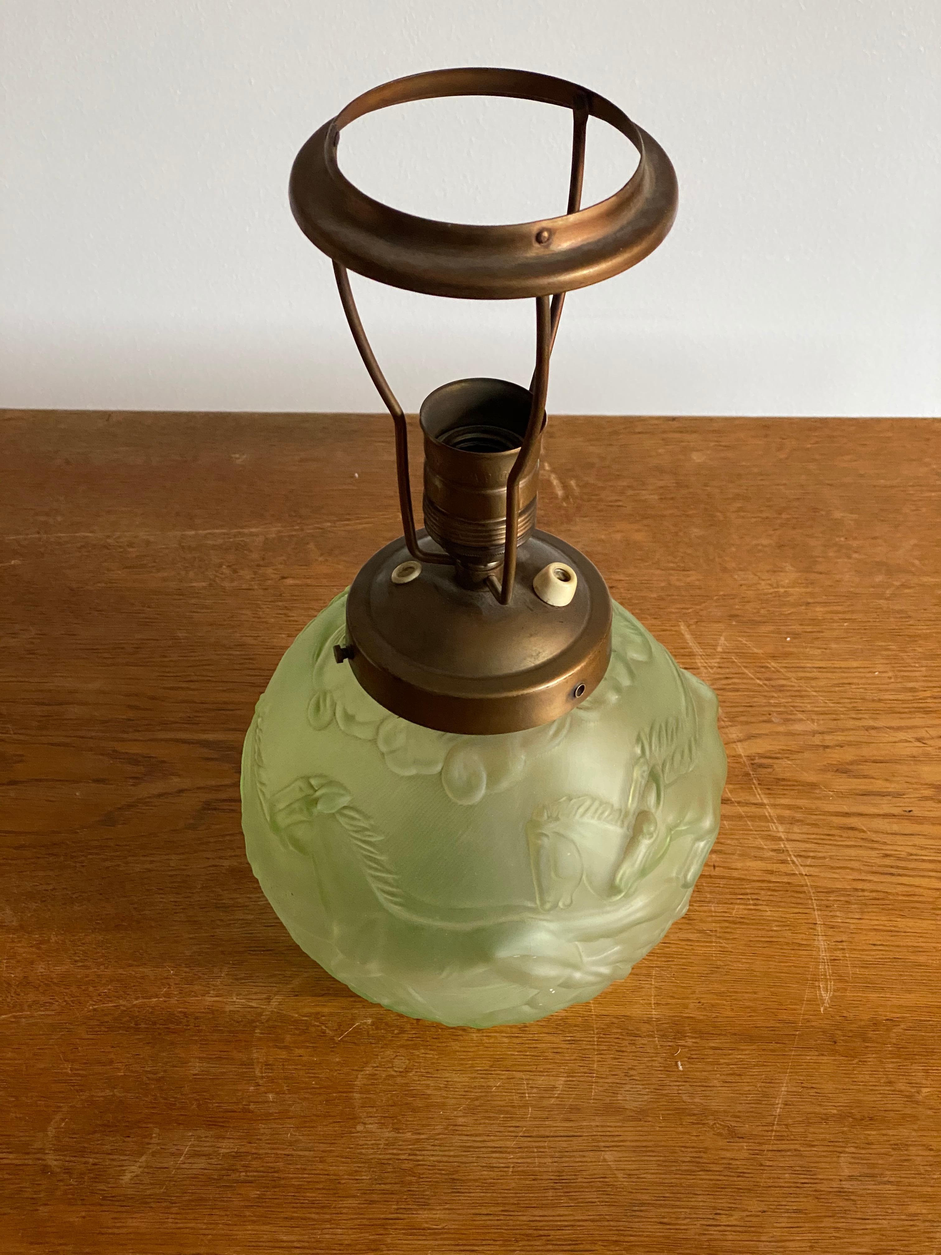 Mid-20th Century Swedish Designer, Table Lamp, Green Glass, Brass, Sweden, 1930s