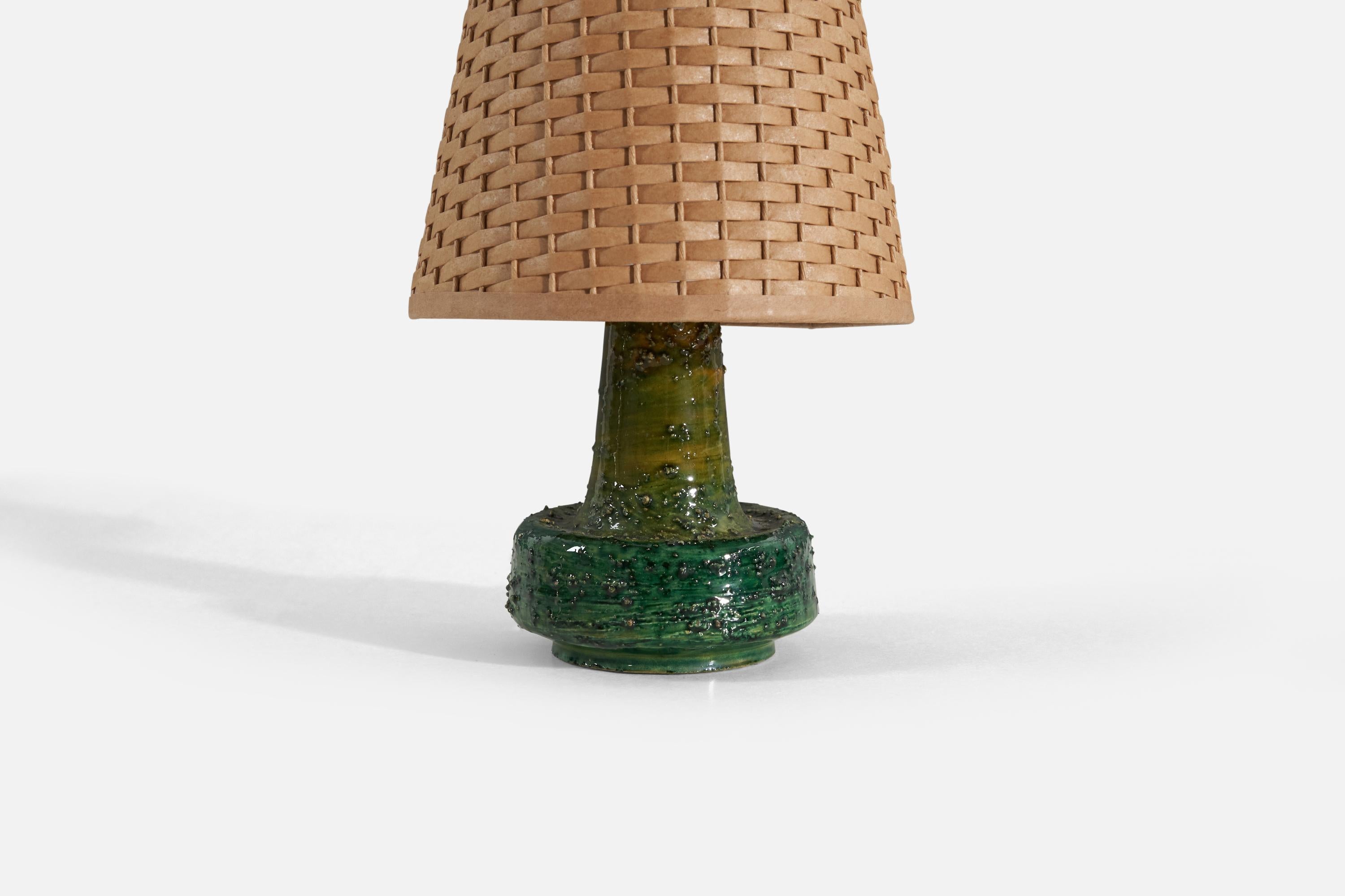 Mid-Century Modern Swedish Designer, Table Lamp, Green-Glazed Stoneware, Sweden, 1960s For Sale
