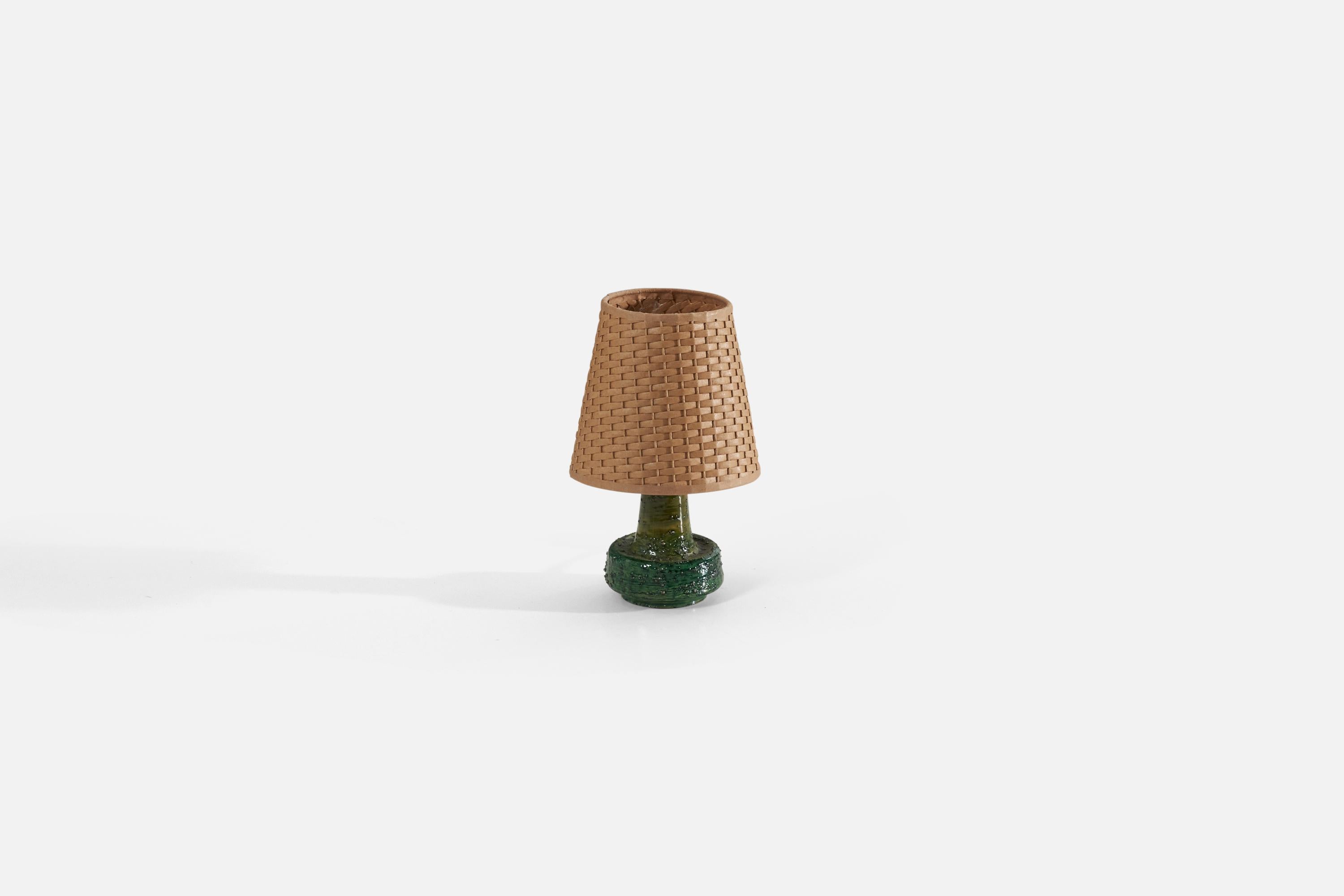 Mid-20th Century Swedish Designer, Table Lamp, Green-Glazed Stoneware, Sweden, 1960s For Sale