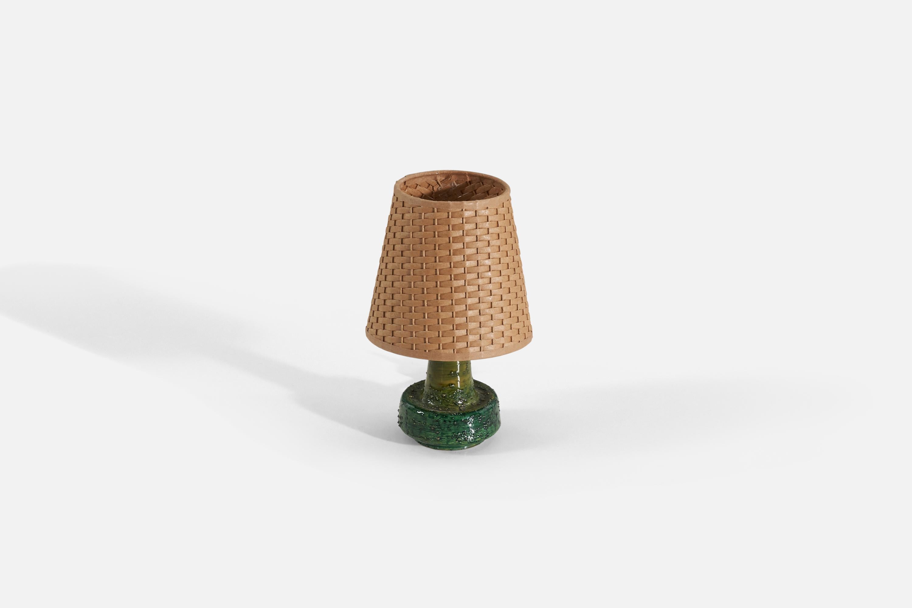Swedish Designer, Table Lamp, Green-Glazed Stoneware, Sweden, 1960s For Sale 1