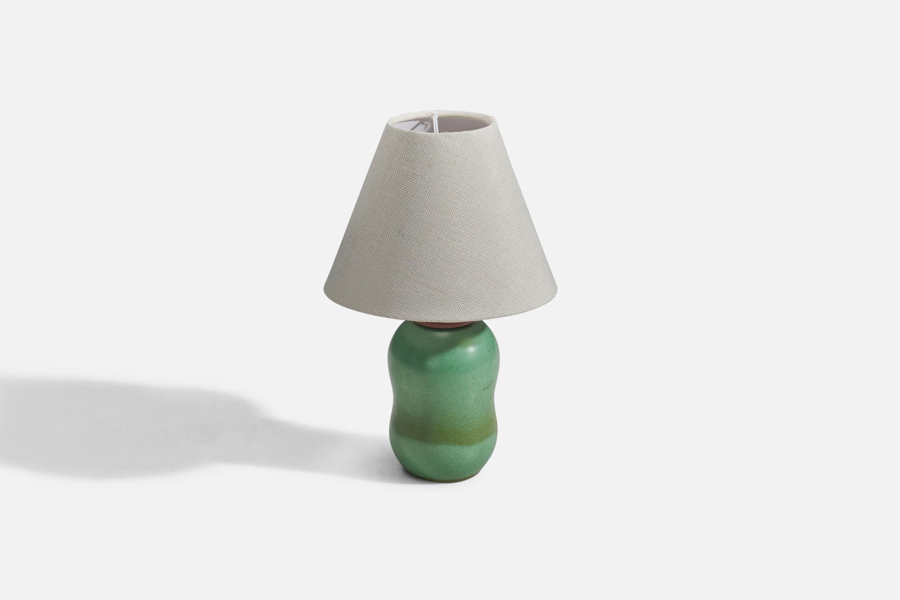 Scandinavian Modern Swedish Designer, Table Lamp, Green Glazed Stoneware, Teak, Sweden, 1950s