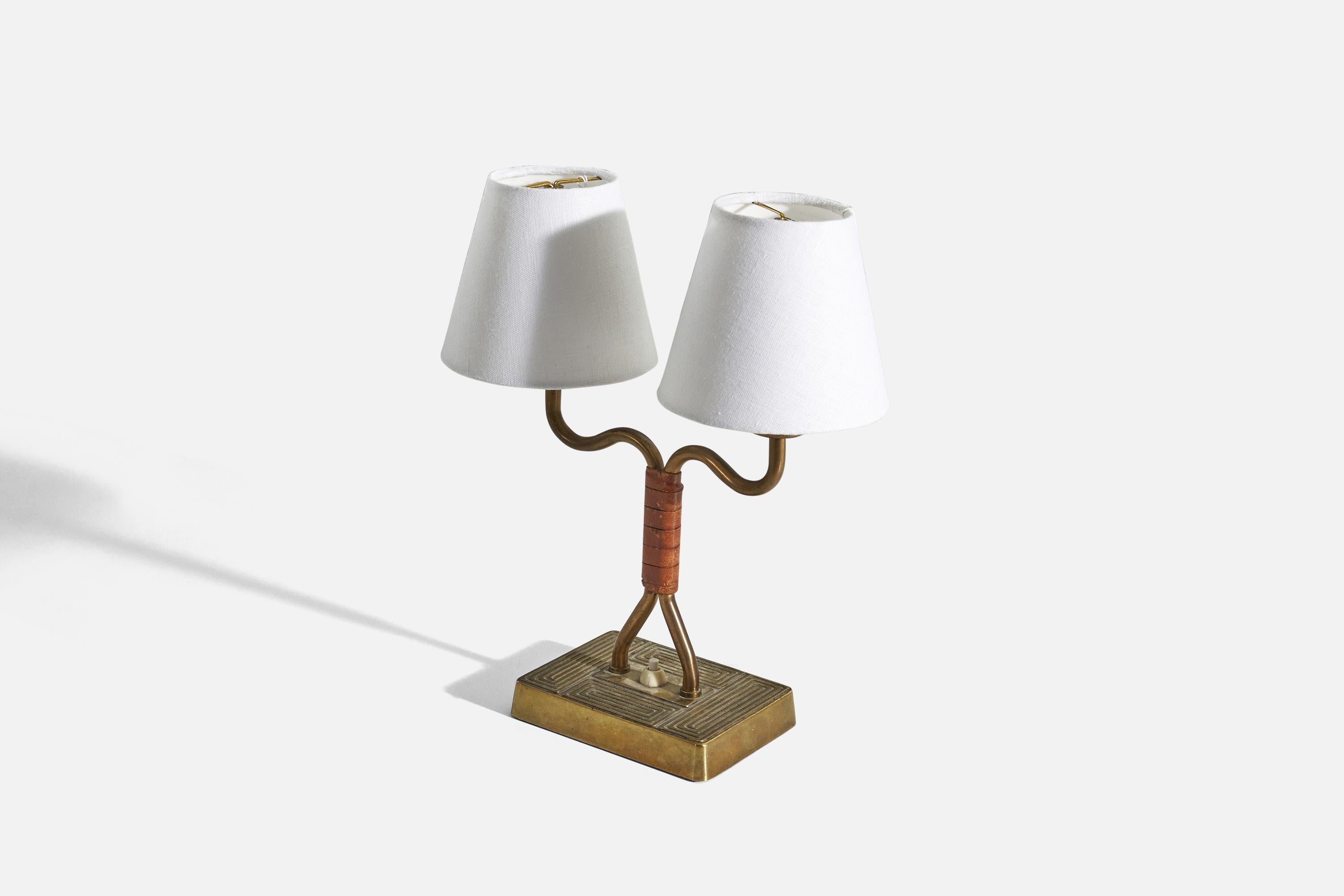 Art Deco Swedish Designer, Table Lamp, Leather, Brass, Sweden, 1940s