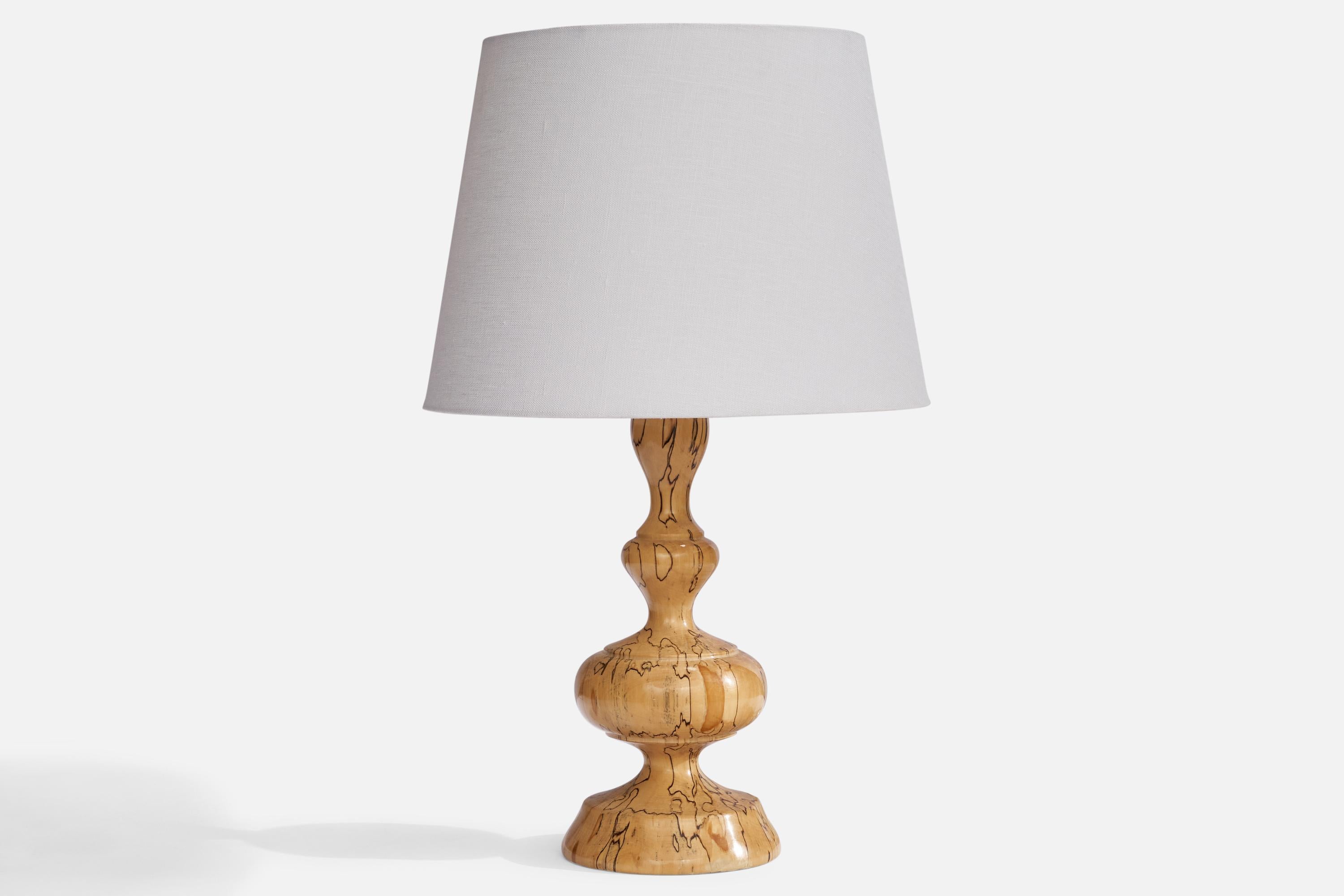 A masur birch table lamp designed and produced in Sweden, 1960s.

Dimensions of Lamp (inches): 14” H x 5.25” Diameter
Dimensions of Shade (inches): 9”  Top Diameter x 12” Bottom Diameter x 9” H
Dimensions of Lamp with Shade (inches): 19.75”  H x 12”