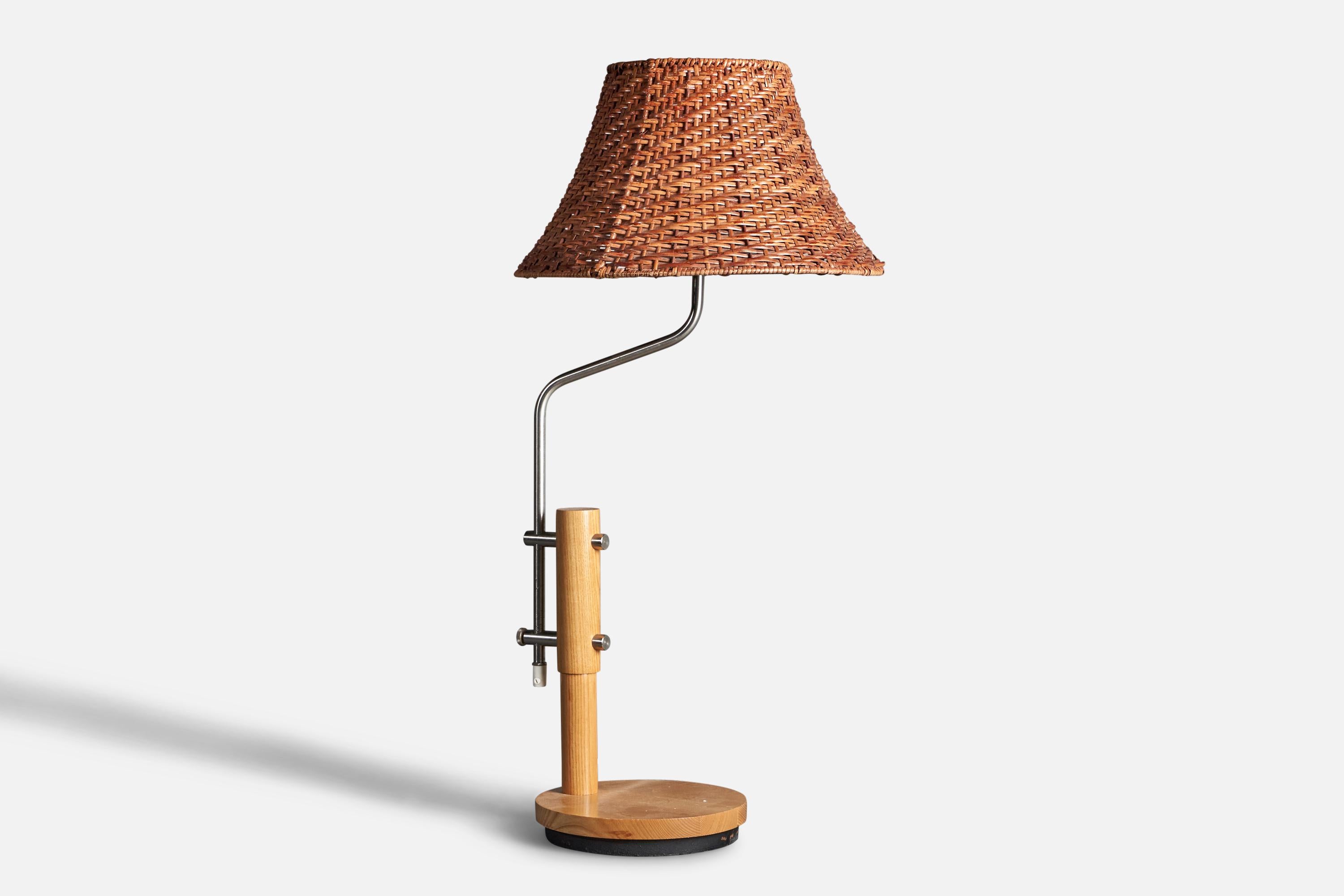 Post-Modern Swedish Designer, Table Lamp, Metal, Oak, Rattan, Sweden, 1970s For Sale