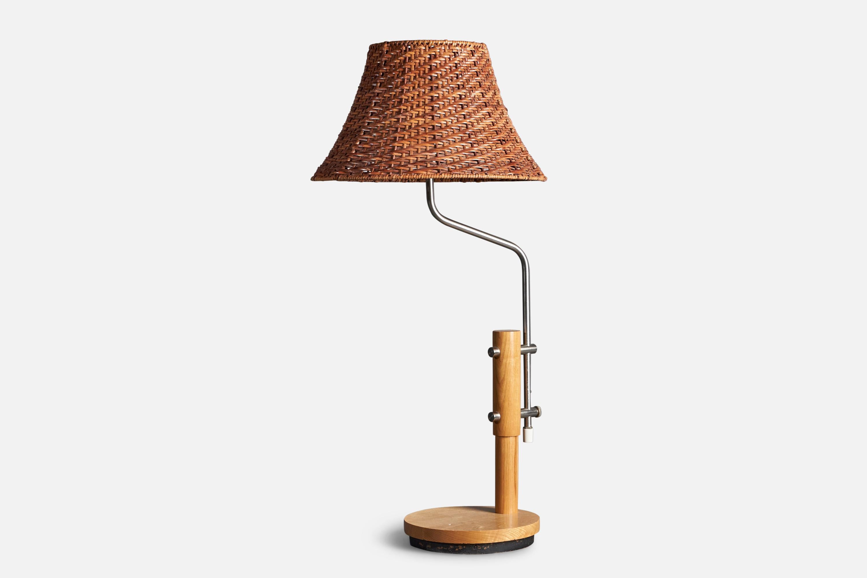 Late 20th Century Swedish Designer, Table Lamp, Metal, Oak, Rattan, Sweden, 1970s For Sale