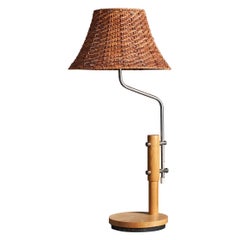 Swedish Designer, Table Lamp, Metal, Oak, Rattan, Sweden, 1970s