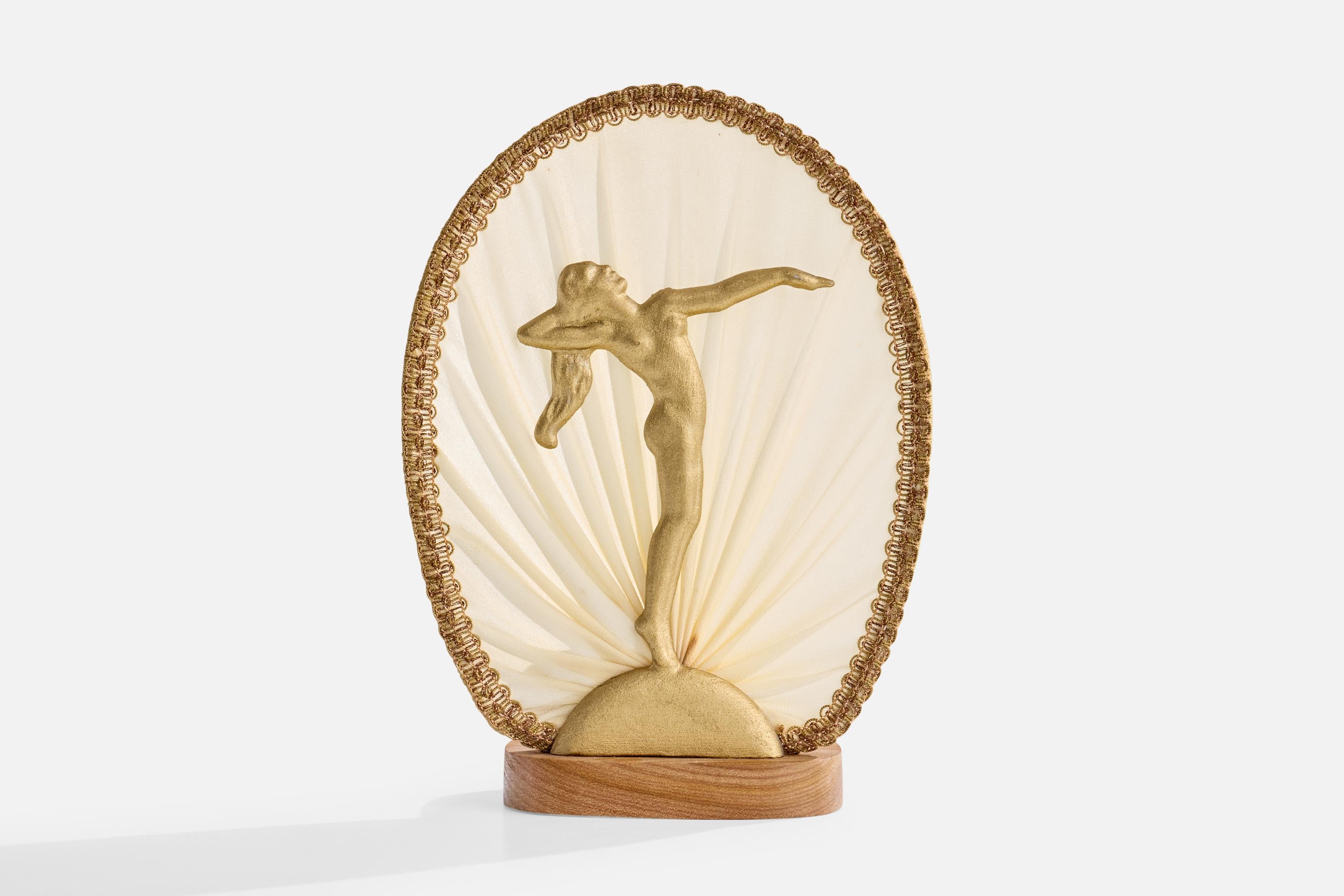 An oak, gold-painted metal table lamp designed and produced in Sweden, c. 1930s.

Dimensions of Lamp (inches): 10.5